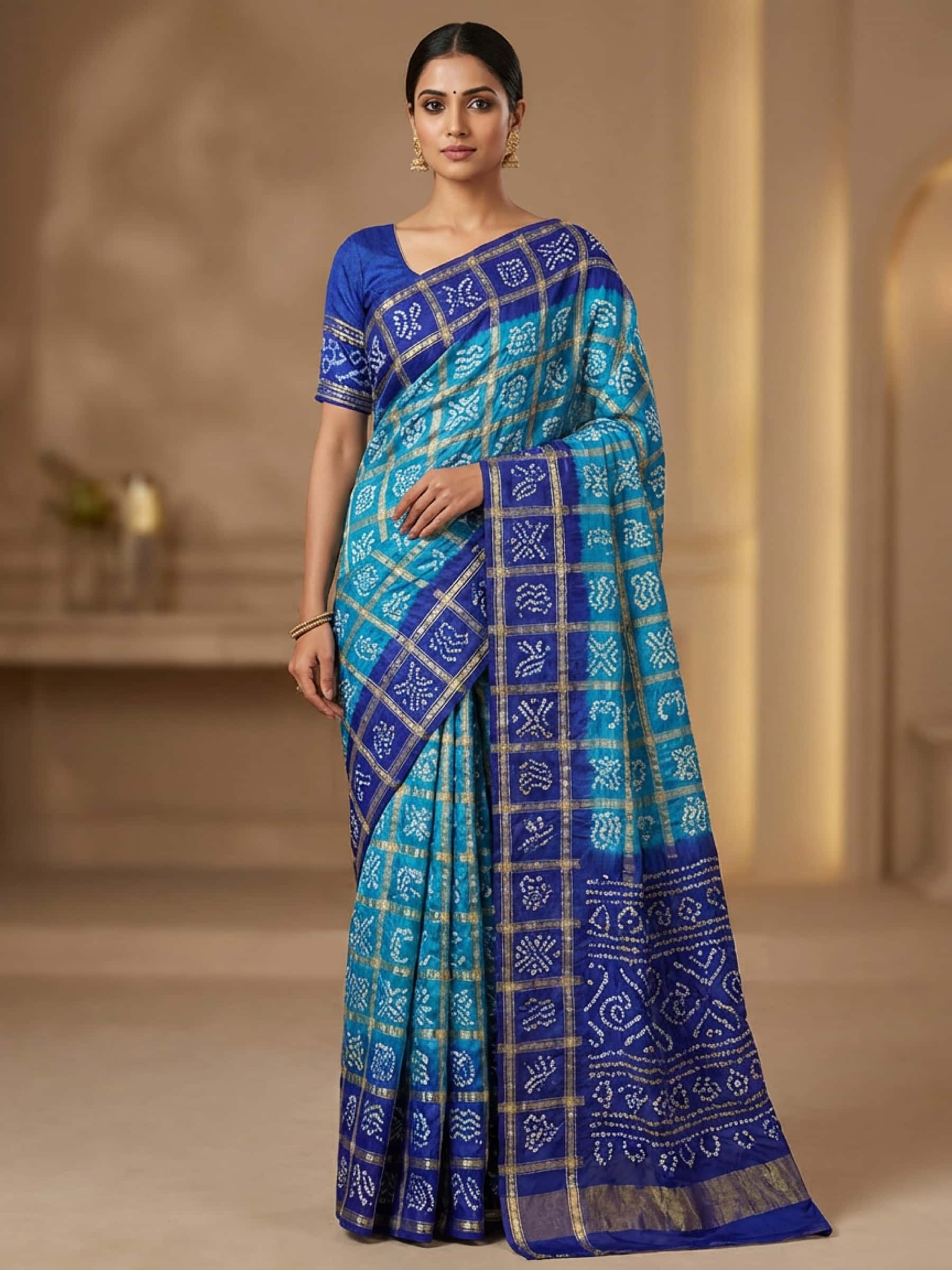 Blue Shaded Pure Gajji Silk Gharchola Saree - Image 1