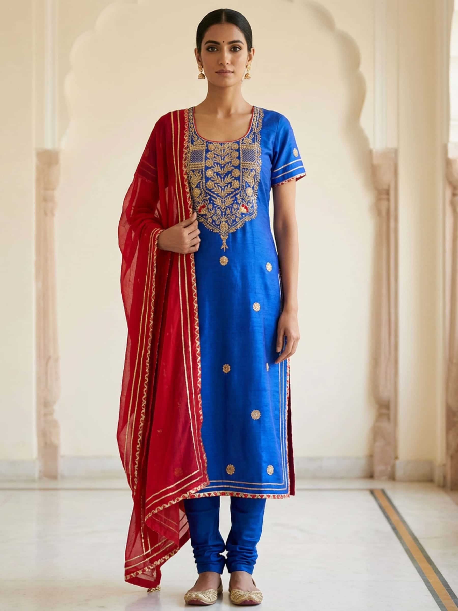 Blue and Red Rich Neckline Suit
