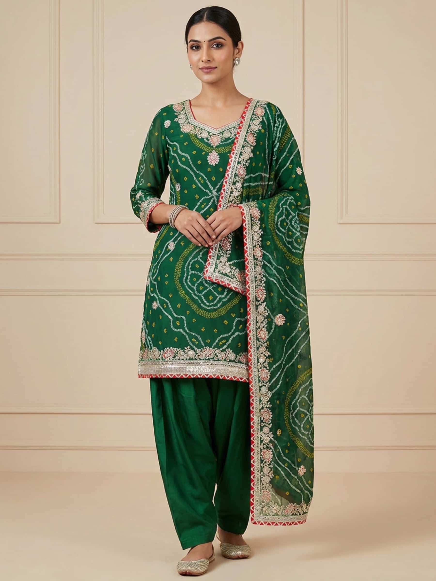 Bottle Green Bandhani Salwar Suit in Handwork - Image 1