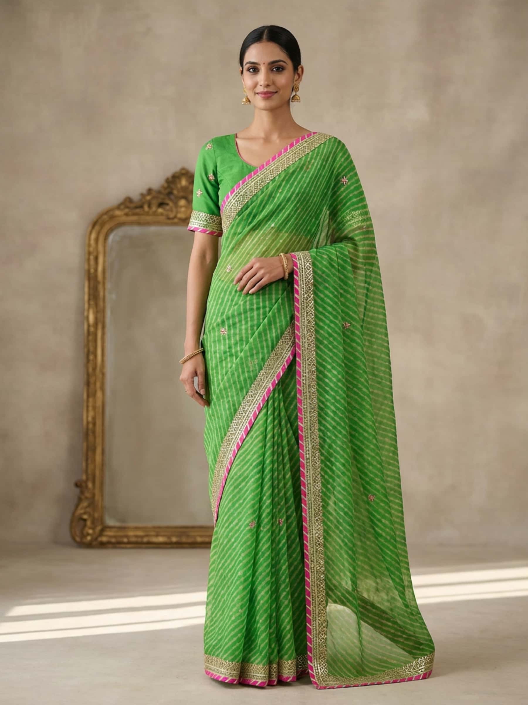 Bright Green Mothda Saree in Fine Gota Handwork