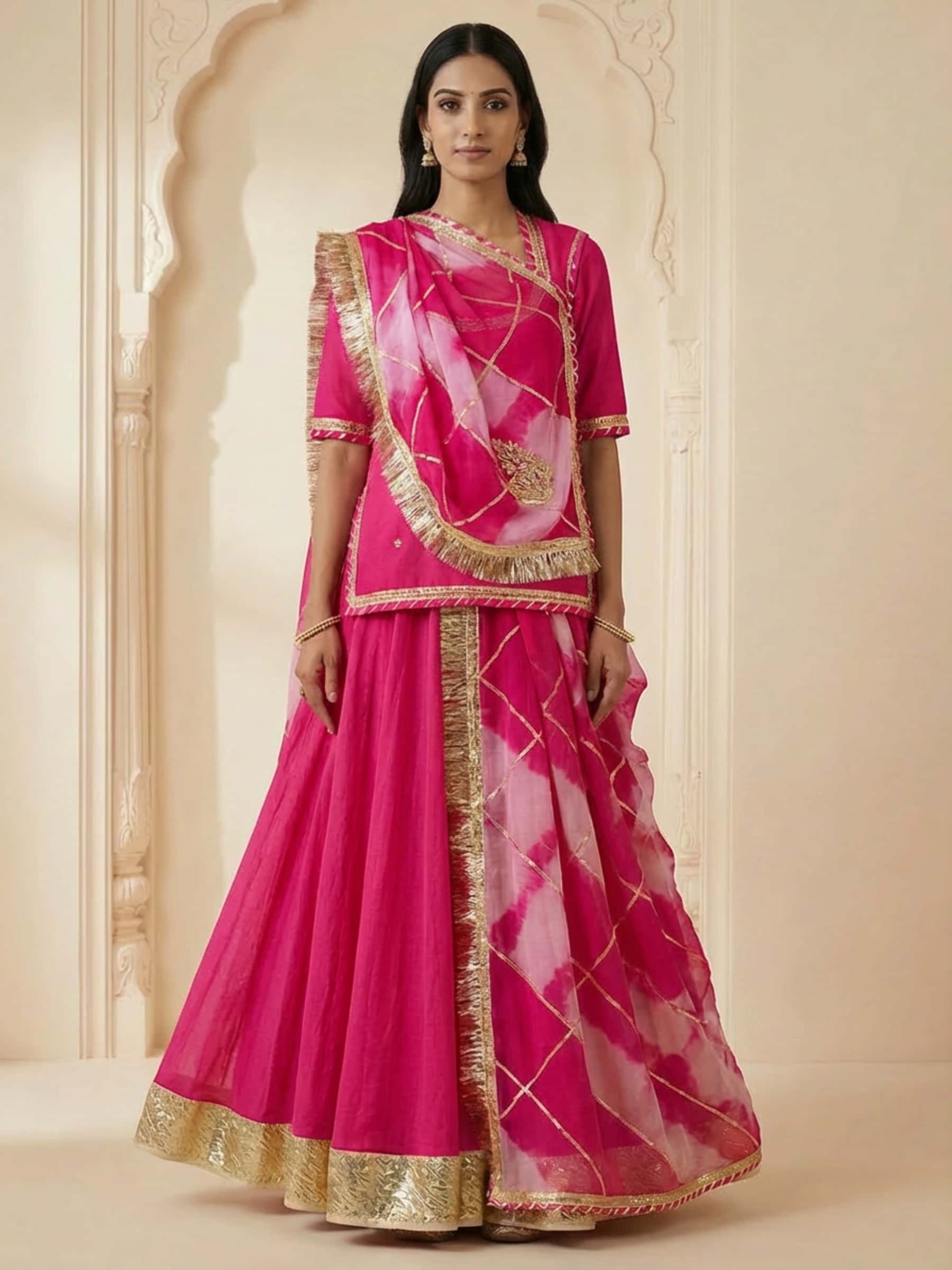 Bright Pink 80Kali Poshak with Shibori Odhna