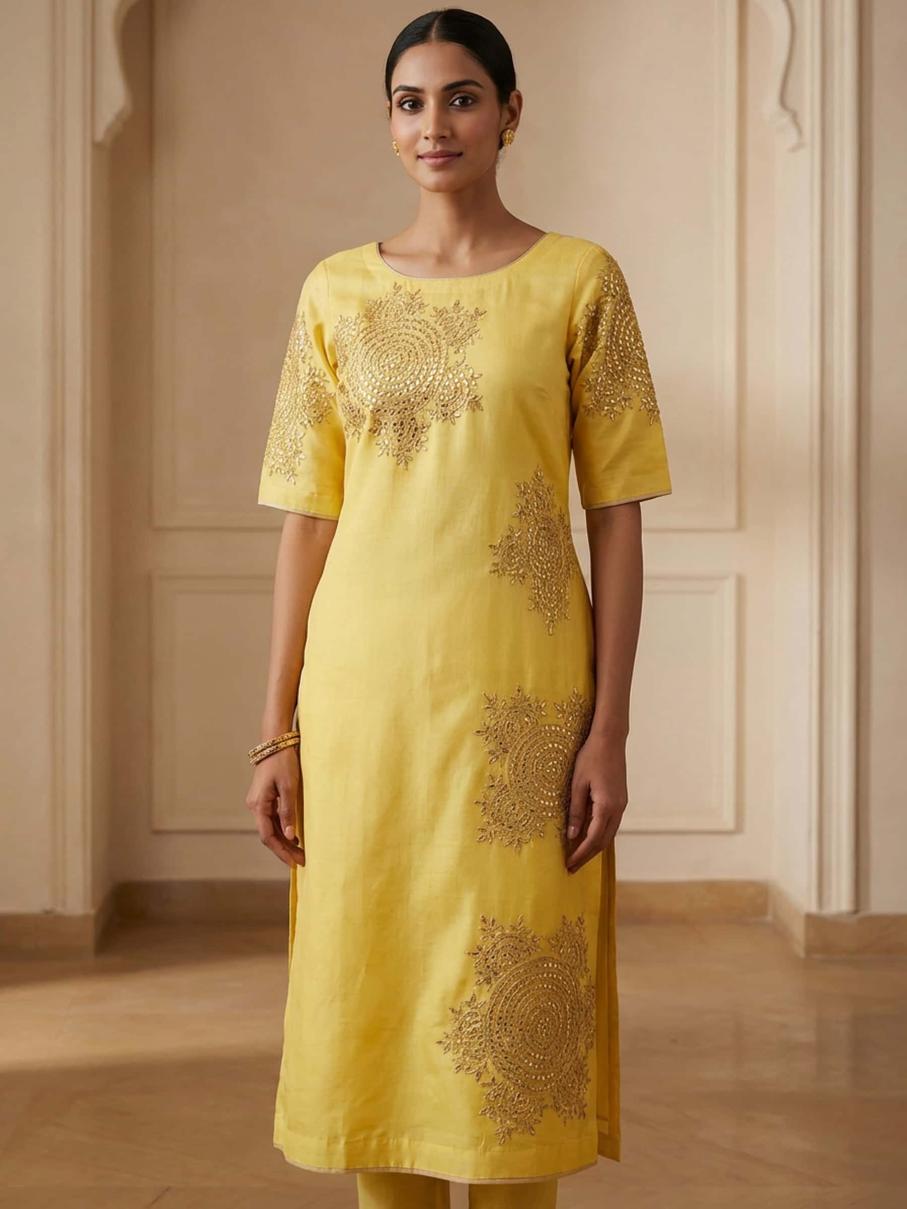 Bright Yellow Kurti with Golden Gota Work - Image 1