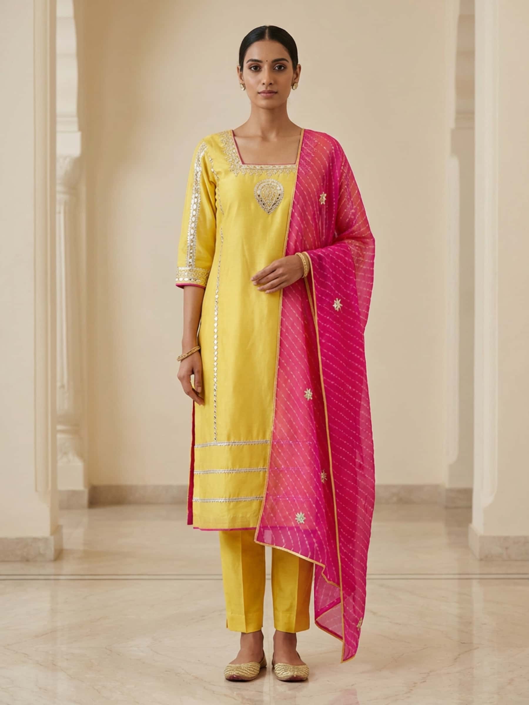 Bright Yellow Suit with Pink Leheriya Dupatta