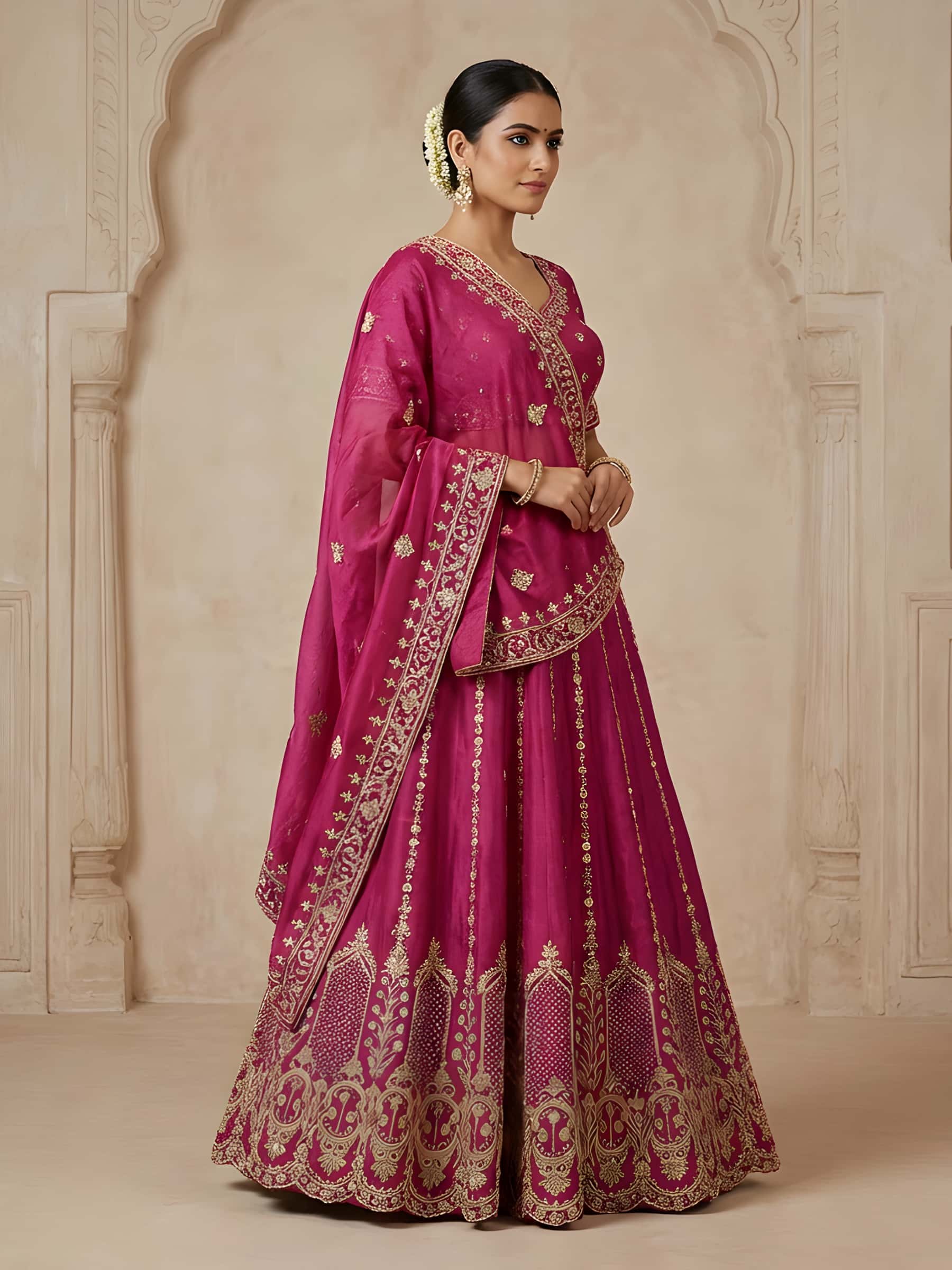 Cherry Bridal Lehenga in Pure Silk with Zardozi, Pearl & Resham Embroidery - Image 1