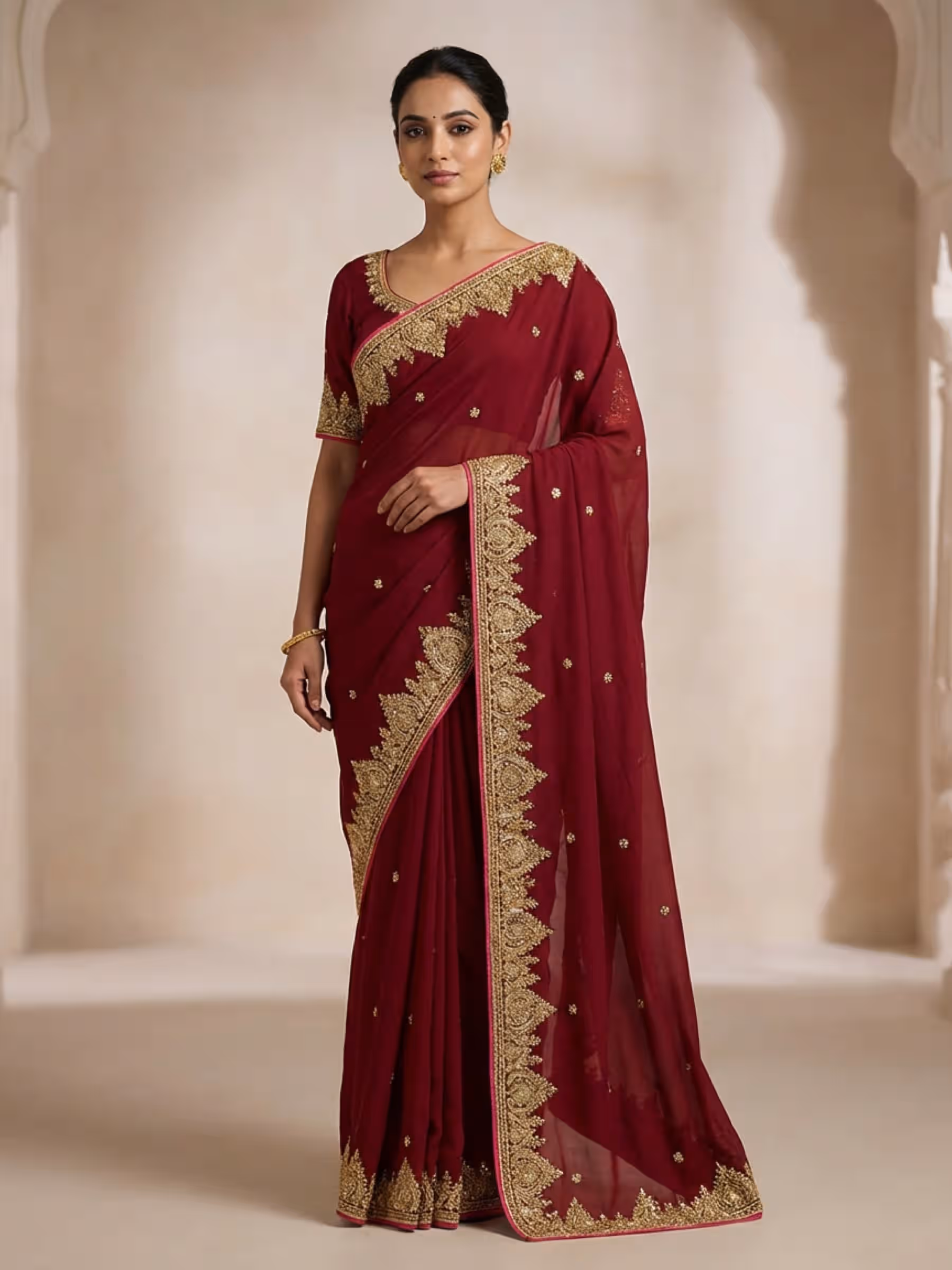 Coke Brown Gota Zardozi Pure Georgette Saree - Image 1