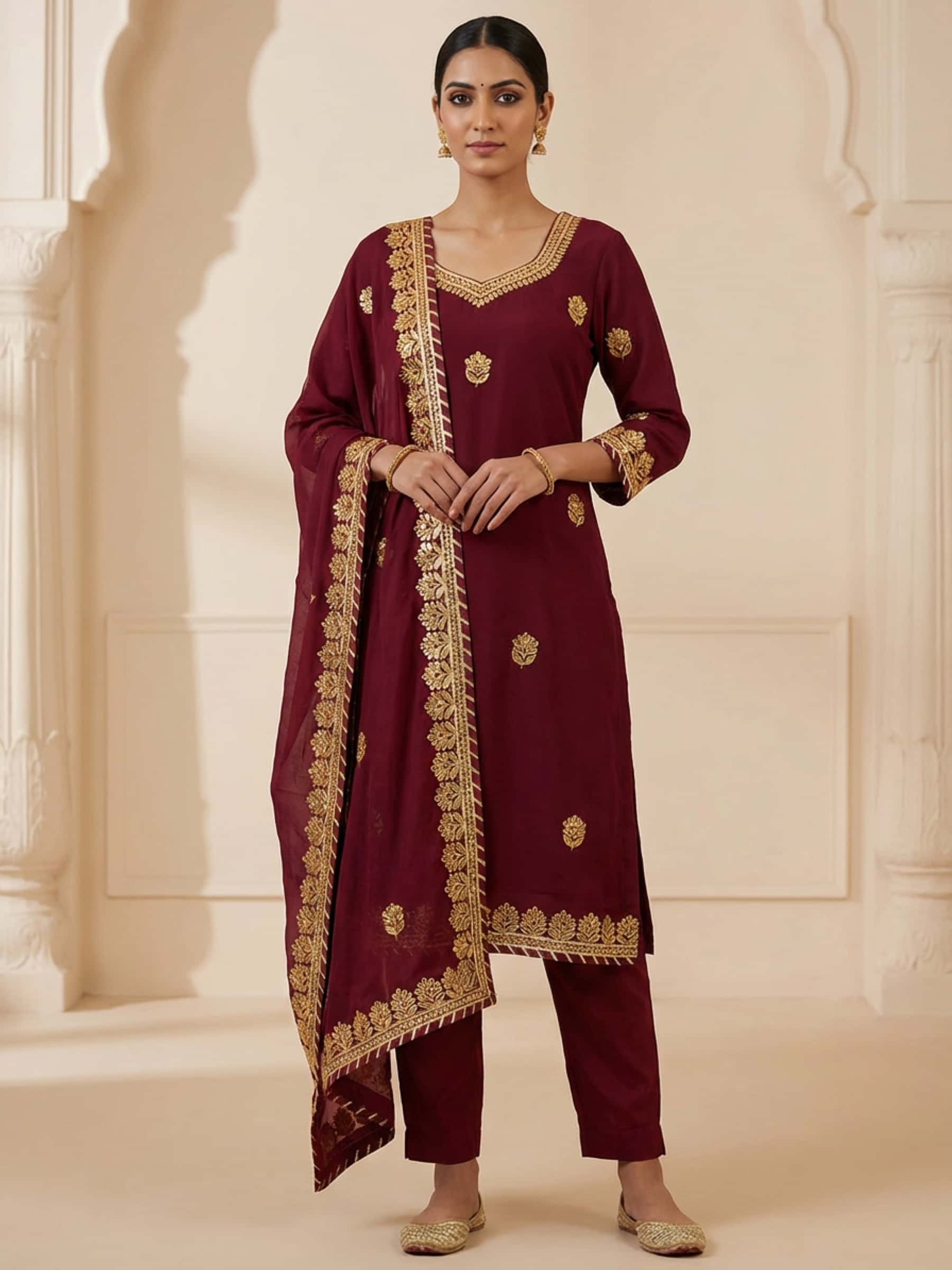 Coke Brown Pant Suit with Golden Gota Work