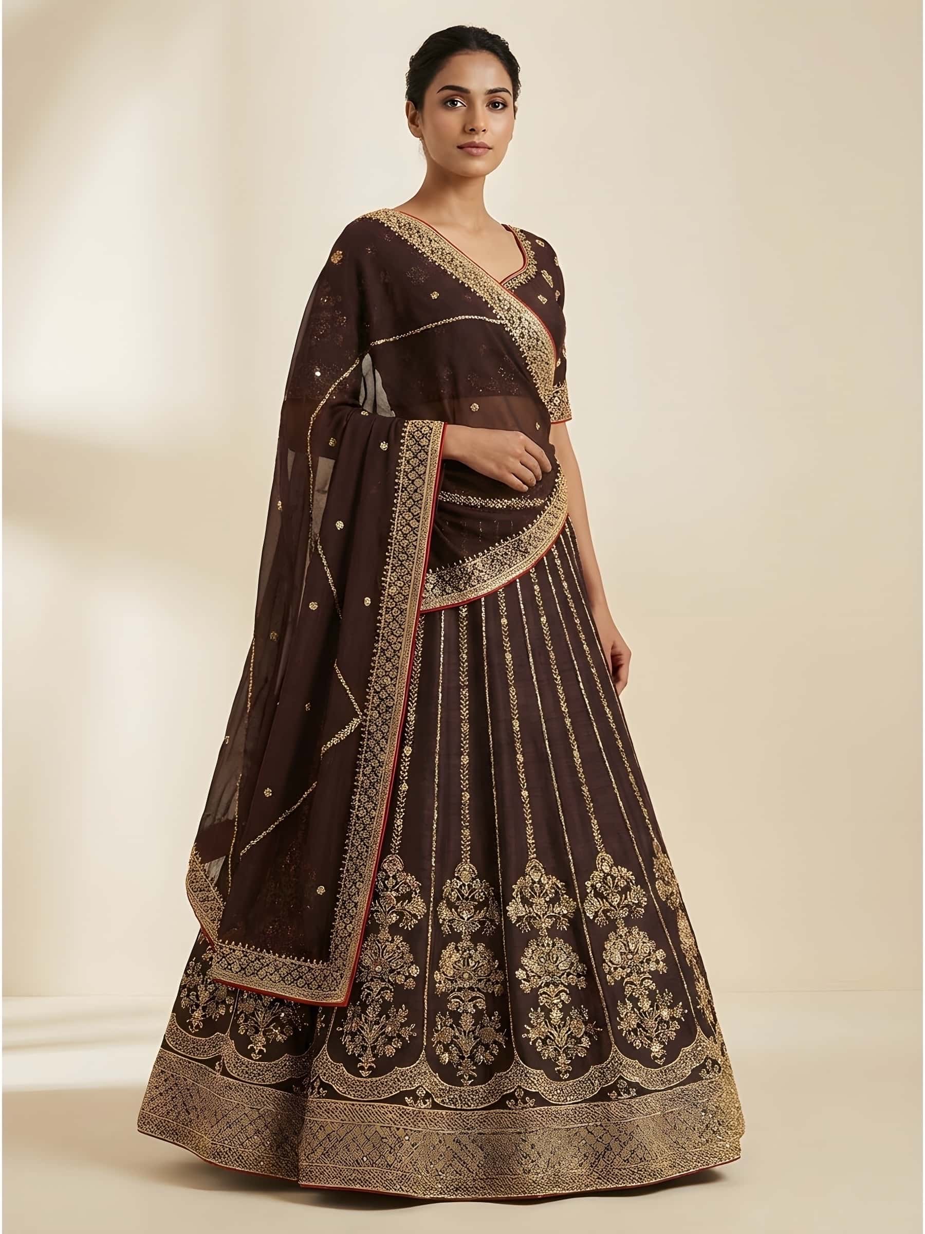 Coke Brown Zardozi Bridal Lehenga in Pure Raw Silk - Image 1