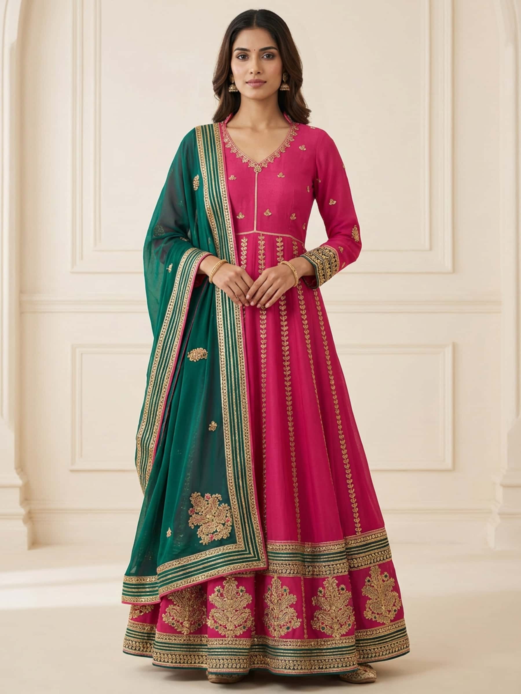 Contrast Pink Green Anarkali for Weddings n Celebrations - Image 1