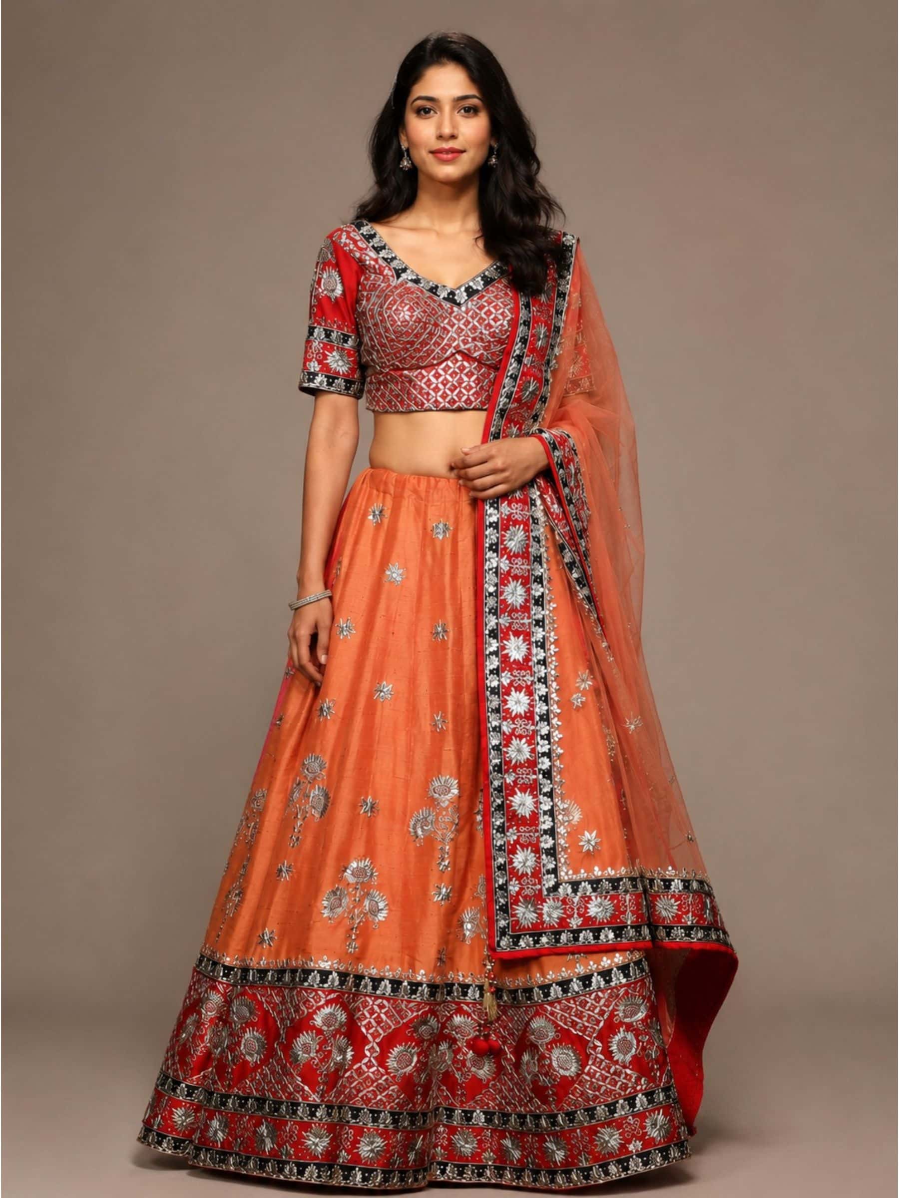 Coral Orange Lehenga Set in Pure Raw Silk - Image 1