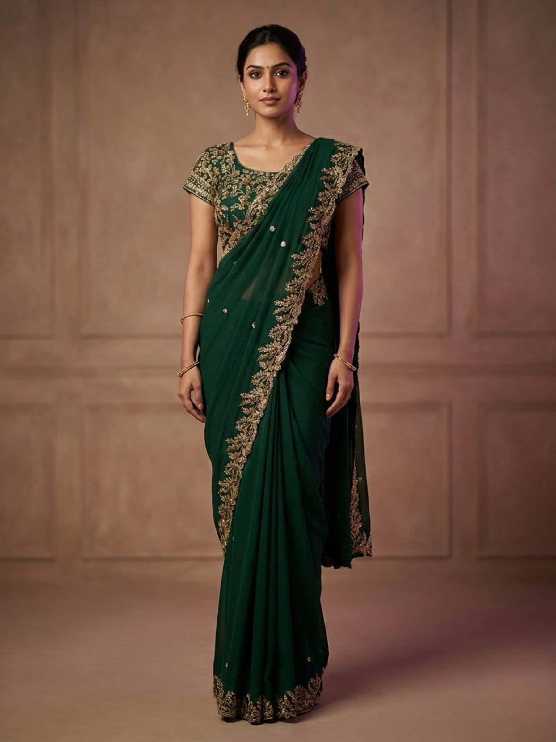 Cutwork Deep Green Designer Pure Georgette Saree - Image 1