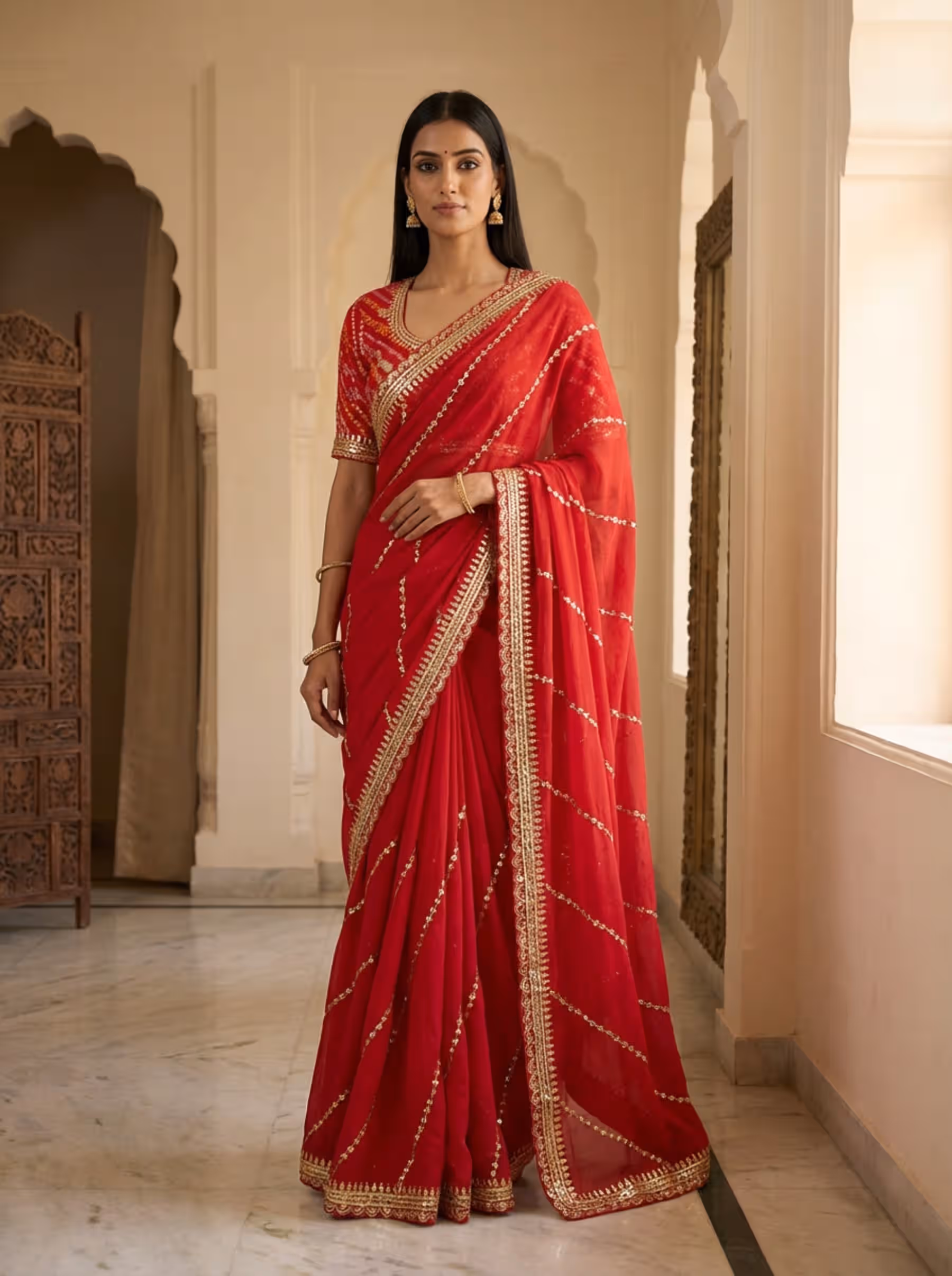 Dazzling Red Gota Patti Designer Pure Georgette Saree - Image 1