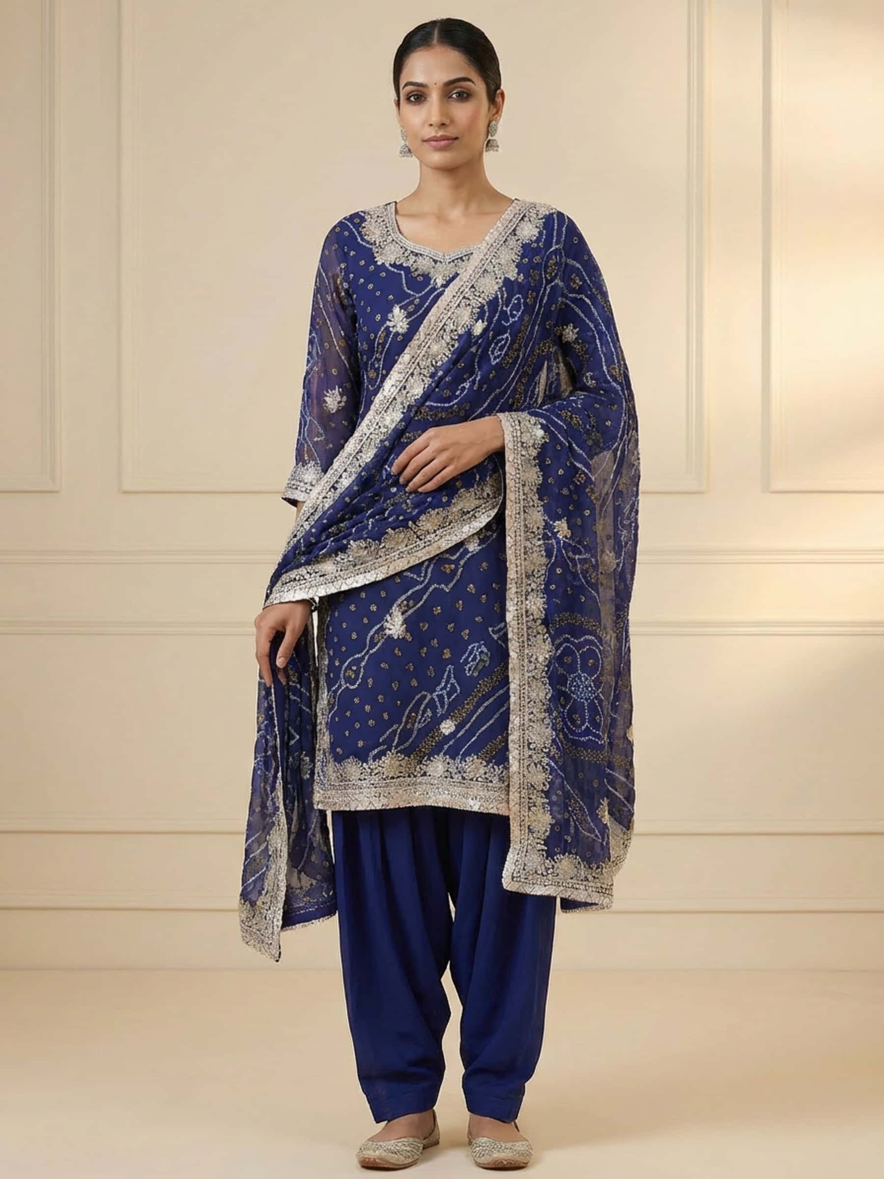 Deep Blue Bandhani Salwar Suit in Handwork - Image 1