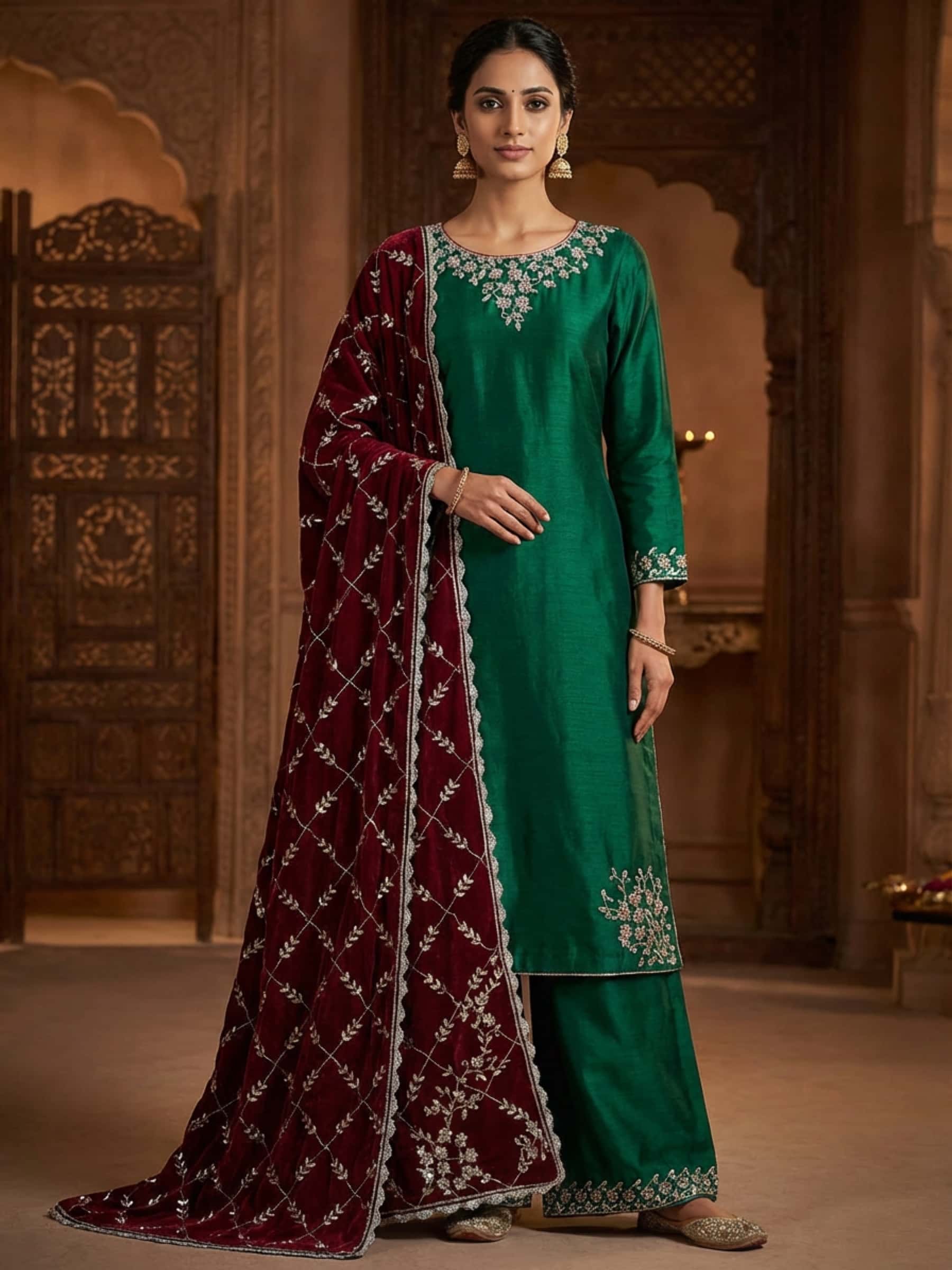 Deep Green Pure Silk Palazzo Suit Set with Jaal Dupatta on Velvet and Gota Aari Hand Embroidery - Image 1