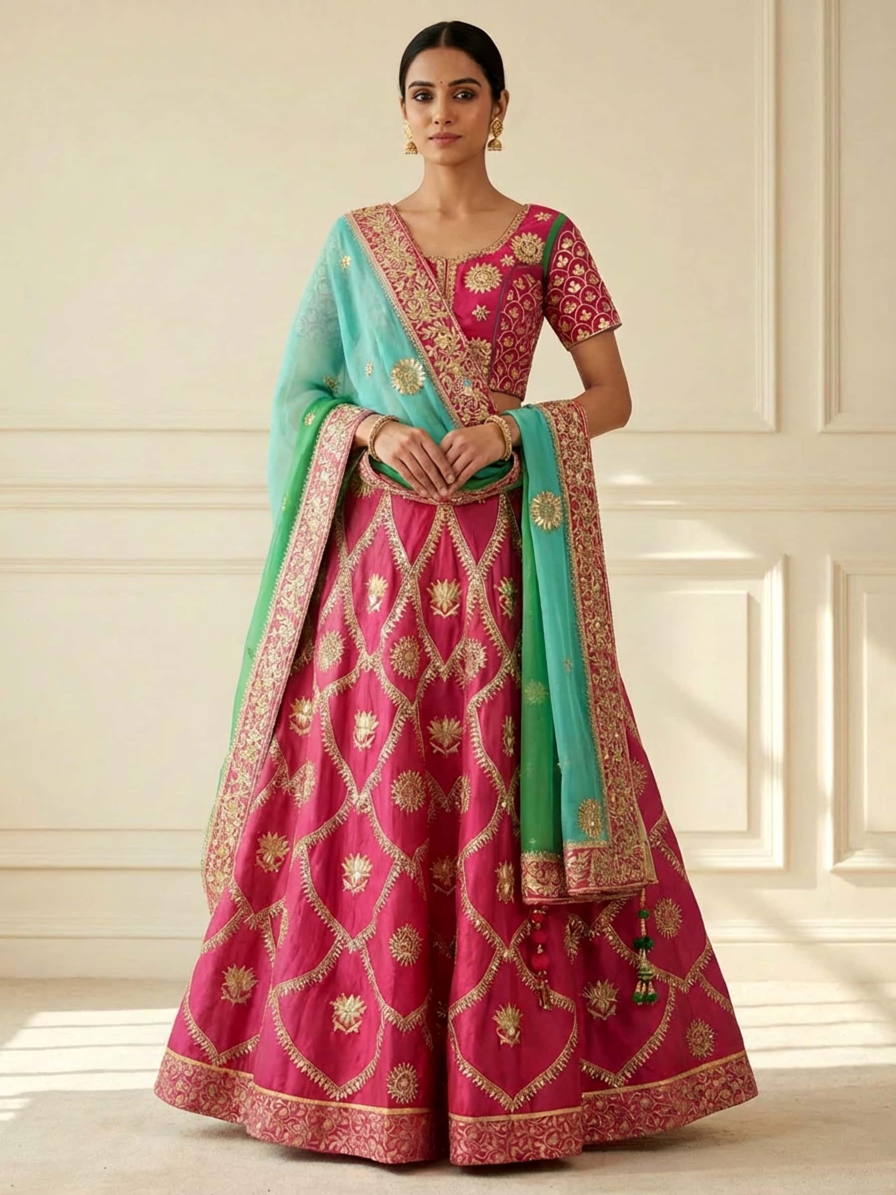 Deep Pink Gota and Resham Embroidered Lehenga with Ombre Dupatta Set - Image 1