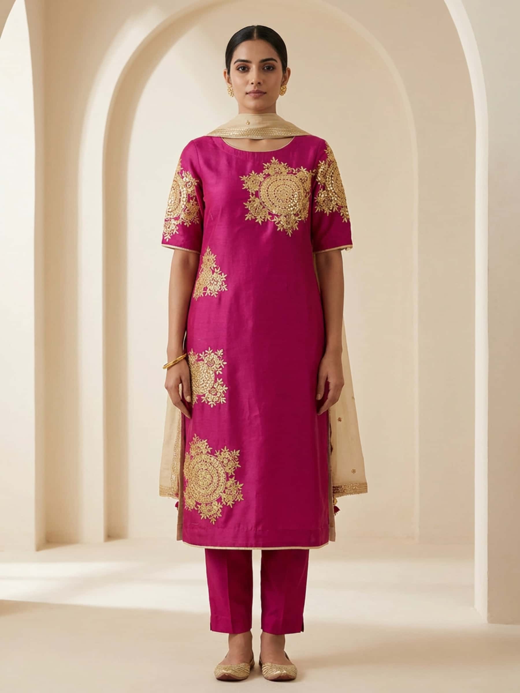 Deep Wine Kurti with Golden Gota Handwork - Image 1
