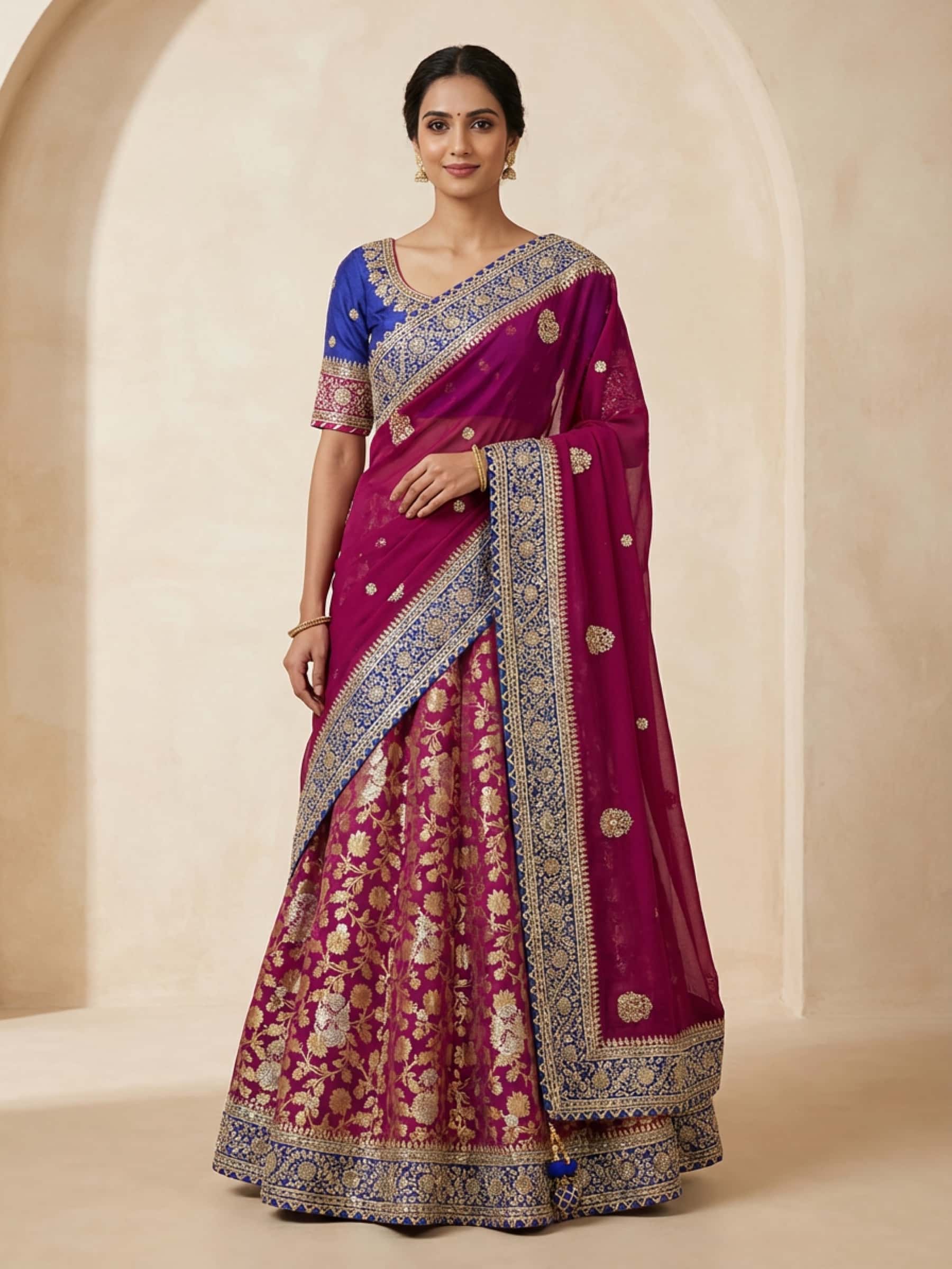 Designer Banarsi Lehenga Set in Wine and Royal Blue Color - Image 1