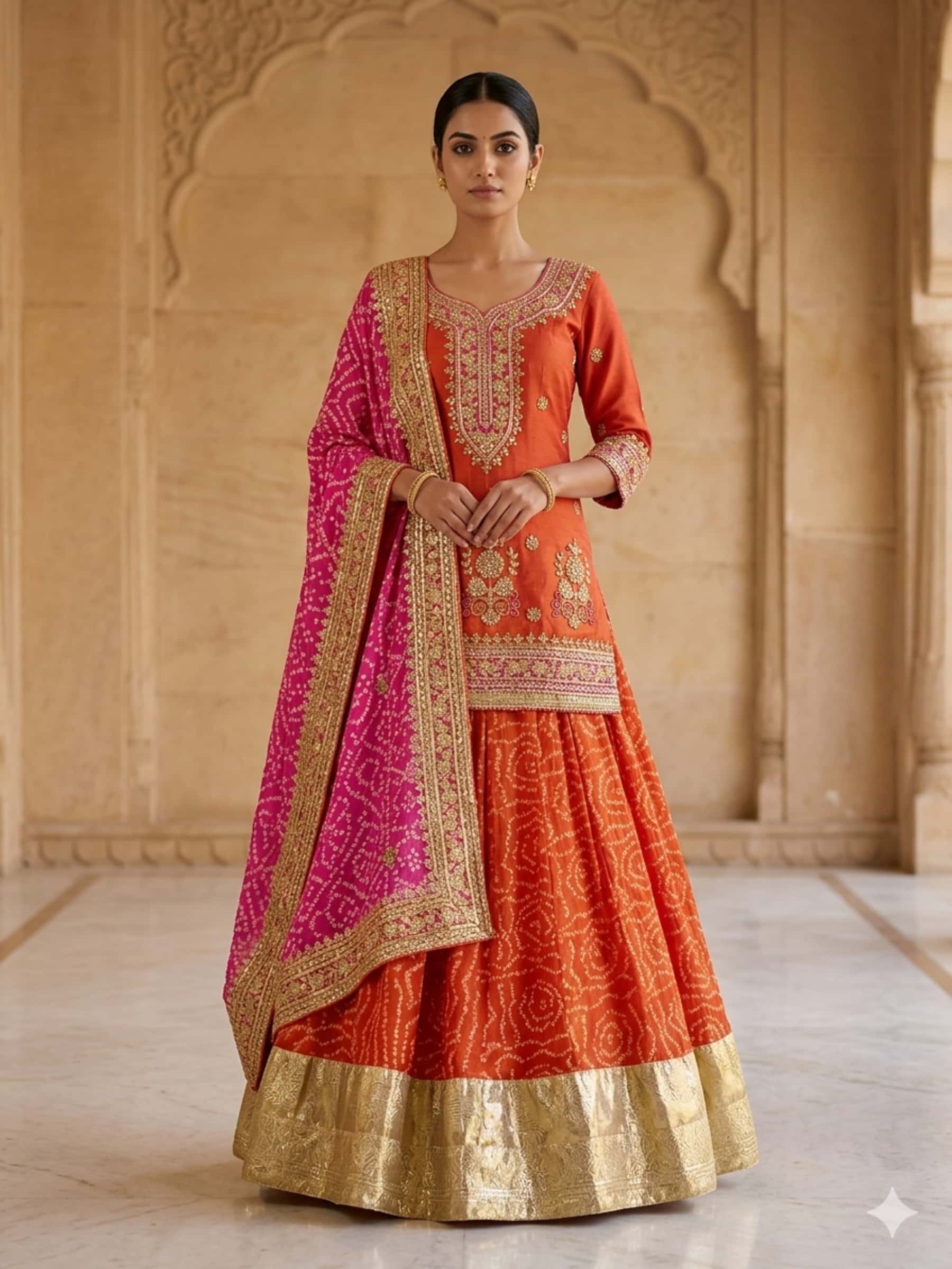 Designer Bandhani Garara Set in Orange Pink Shade - Image 1
