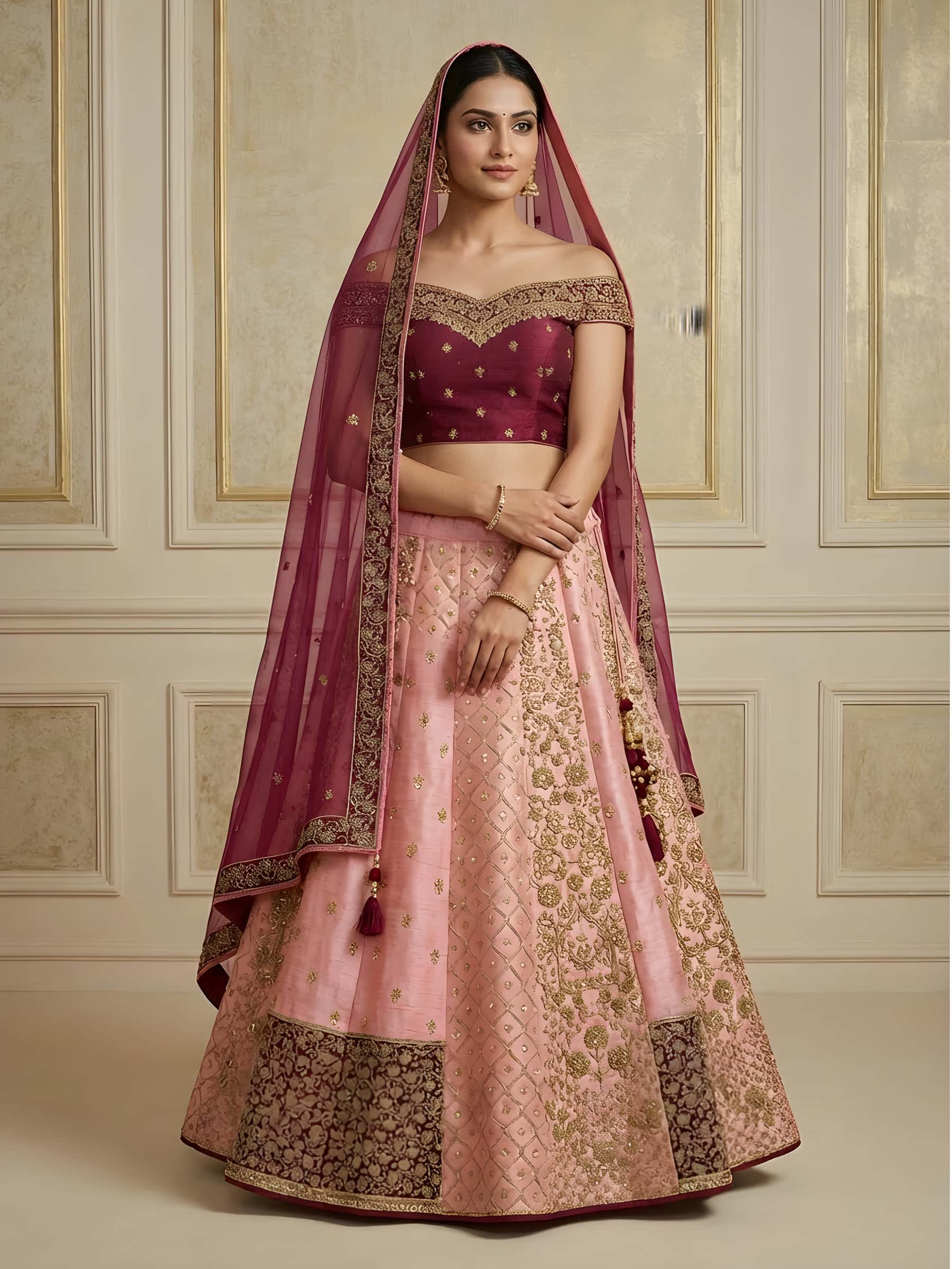 Designer Bridal Lehenga with Off-Shoulder Blouse - Image 1