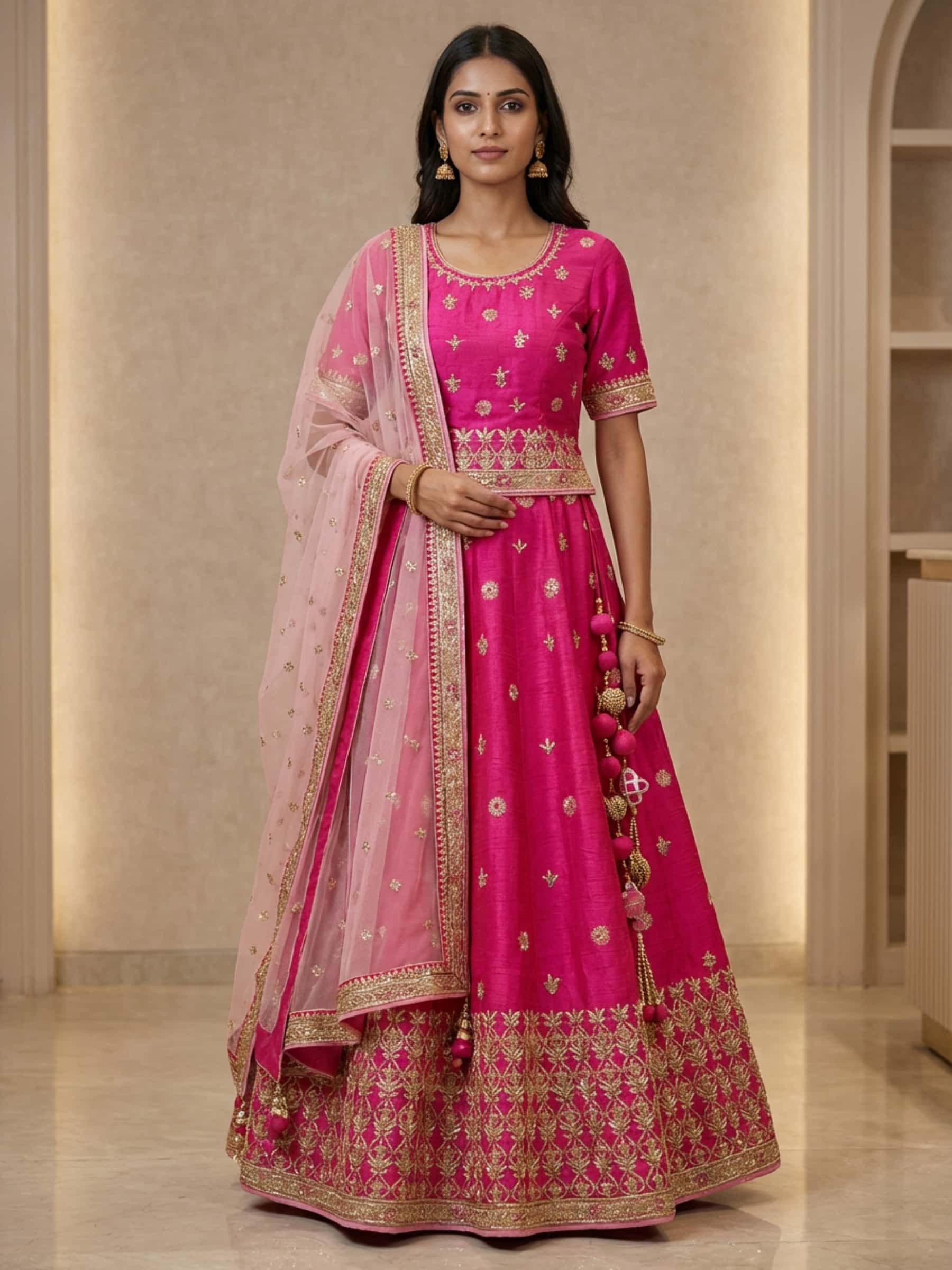 Designer Bright Pink Lehenga Set in Handwork - Image 1
