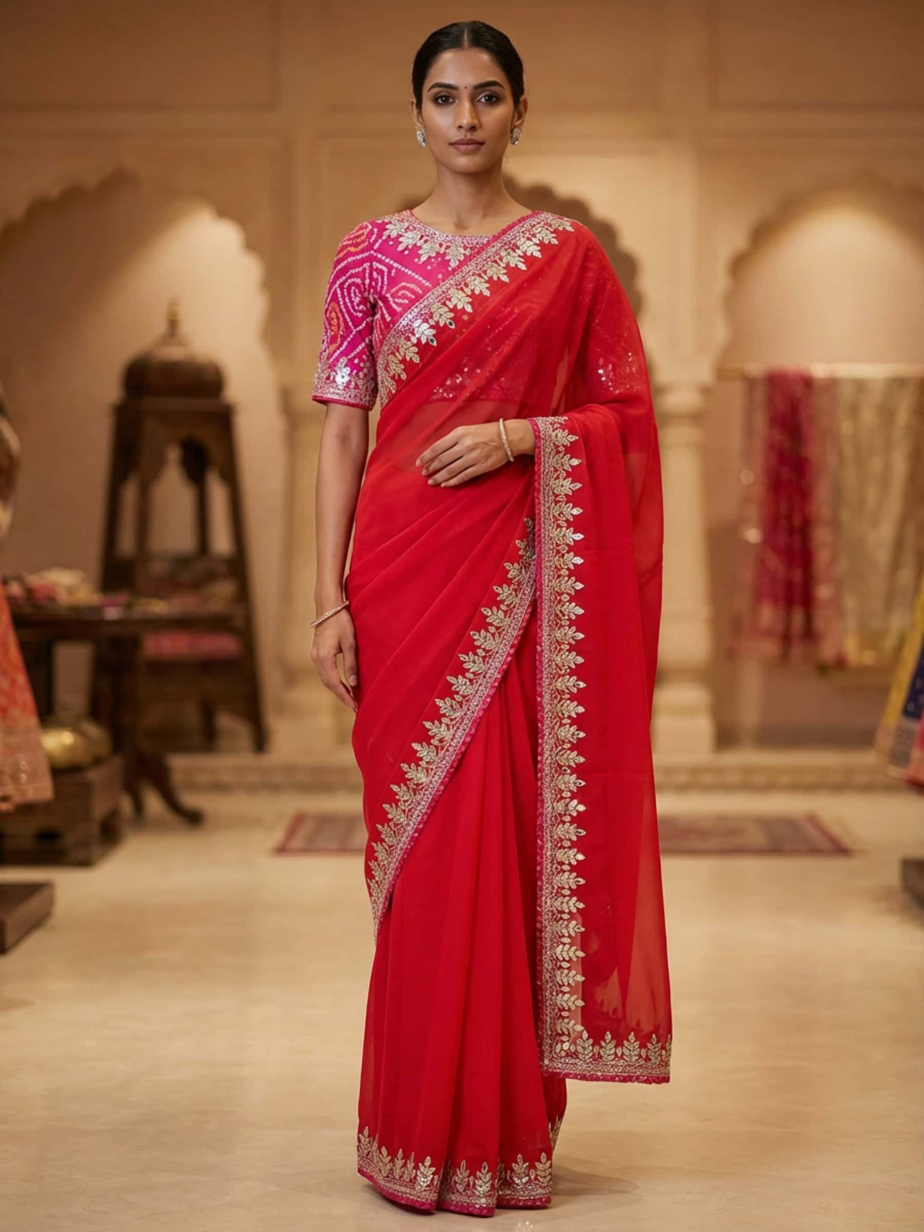 Designer Georgette Saree in Red with Gota Patti and Tikki