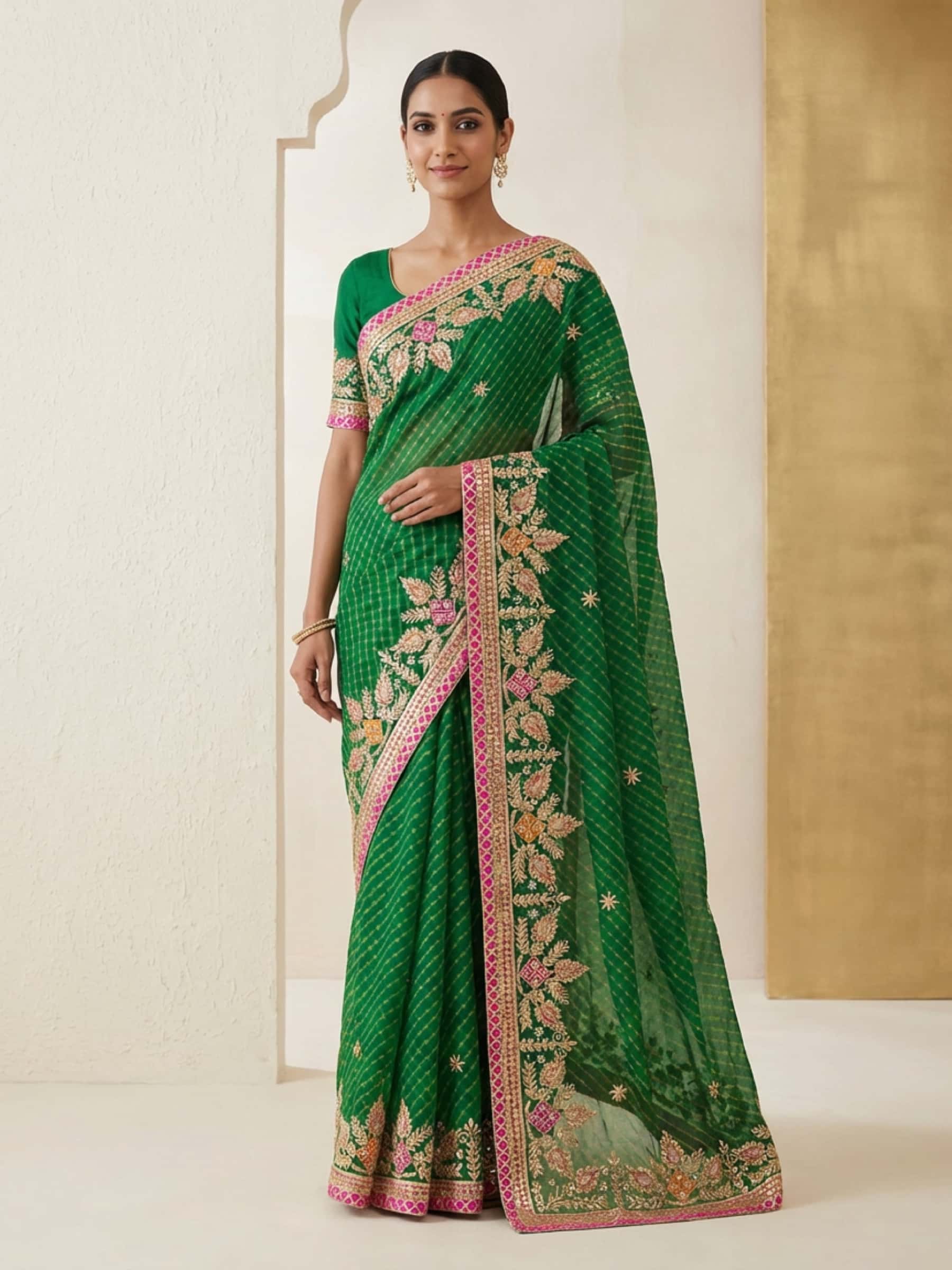 Designer Green Mothda Leheriya Saree in Pure Georgette - Image 1