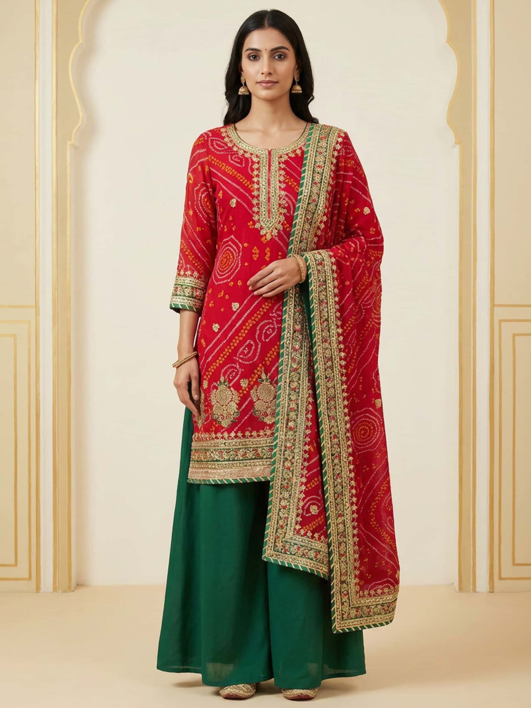 Designer Handmade Red Bandhani Palazzo Set - Image 1