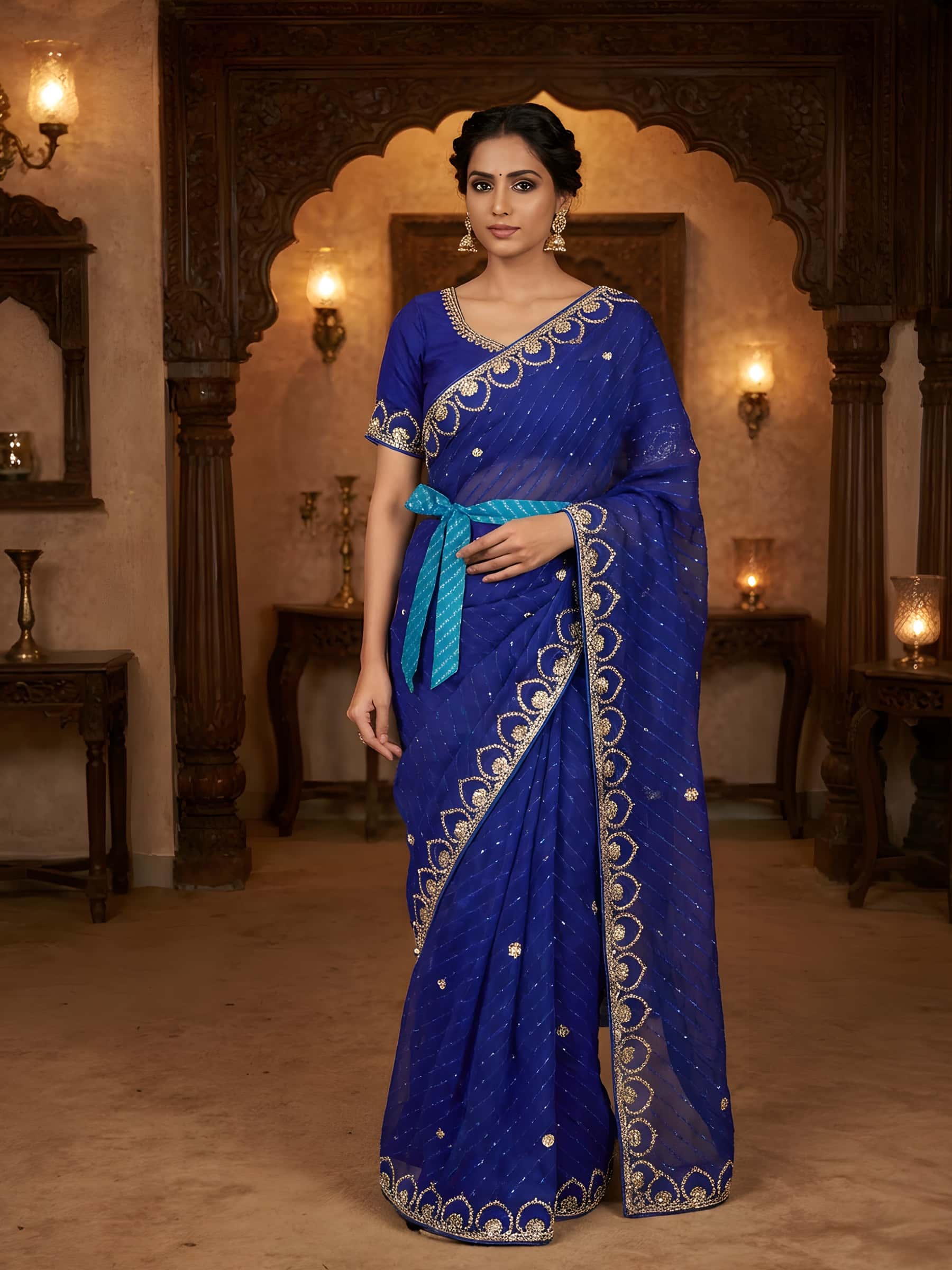 Designer Leheriya Blue Saree with Stylish Blouse - Image 1