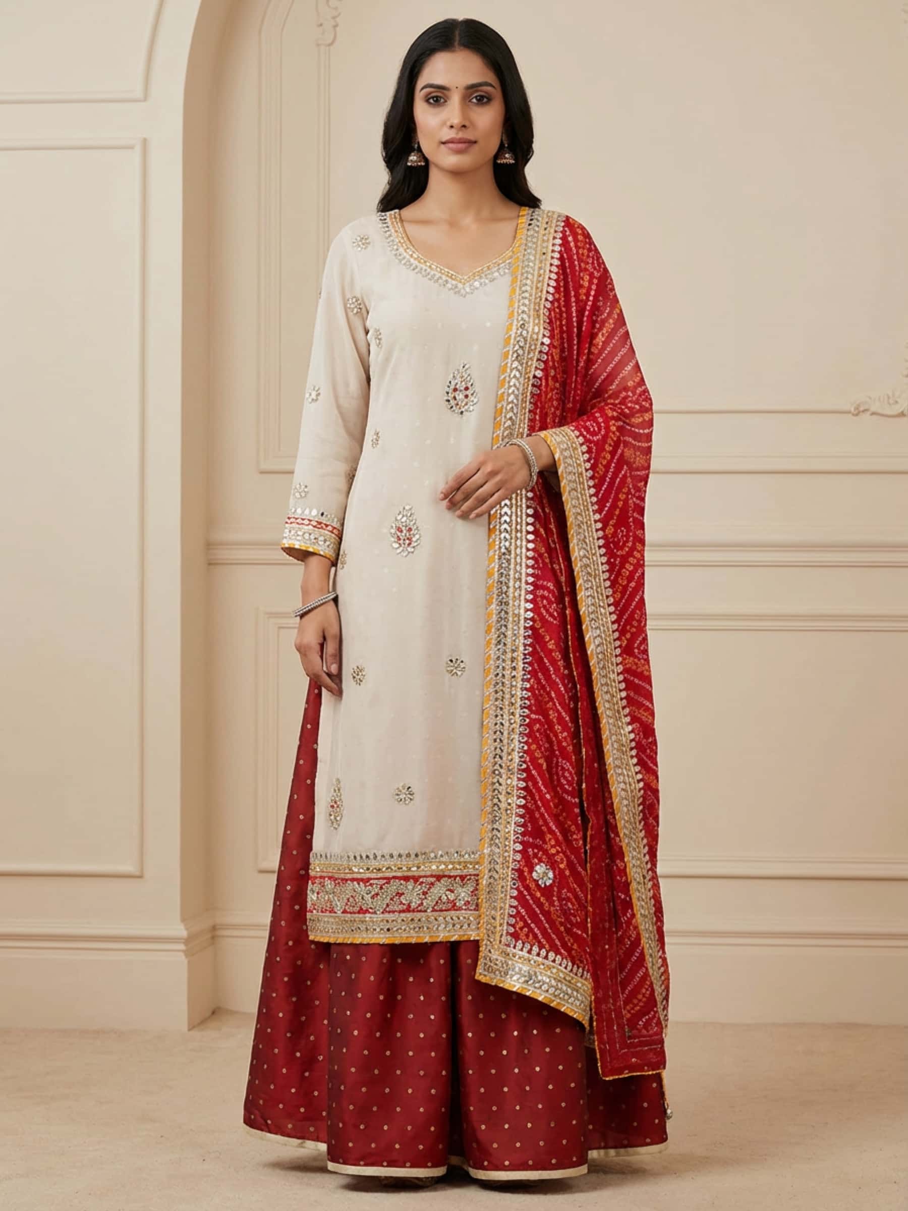 Designer Light Beige Red Bandhani Dress Set - Image 1