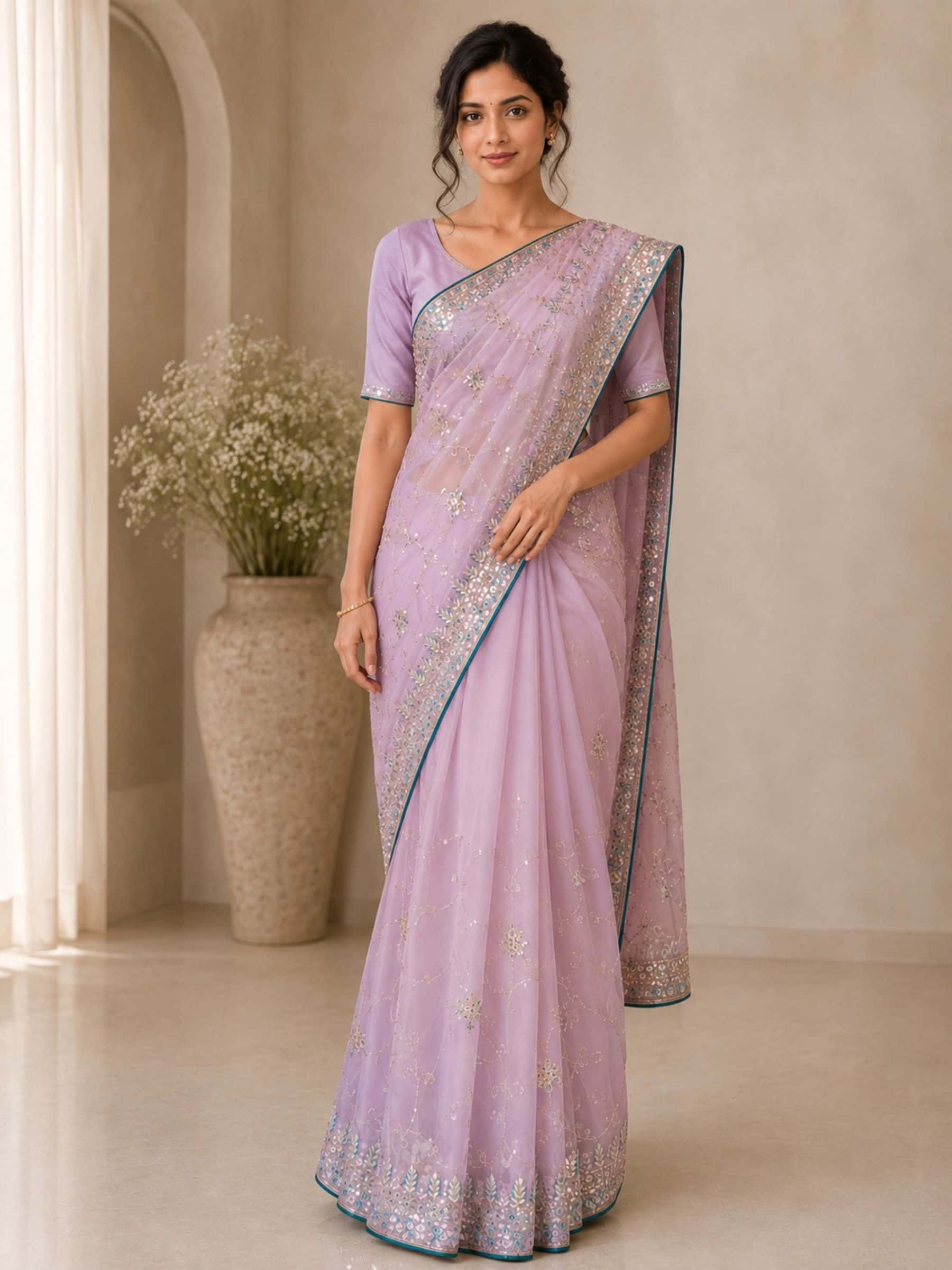 Designer Light Pink Jaal Pure Organza Saree - Image 1