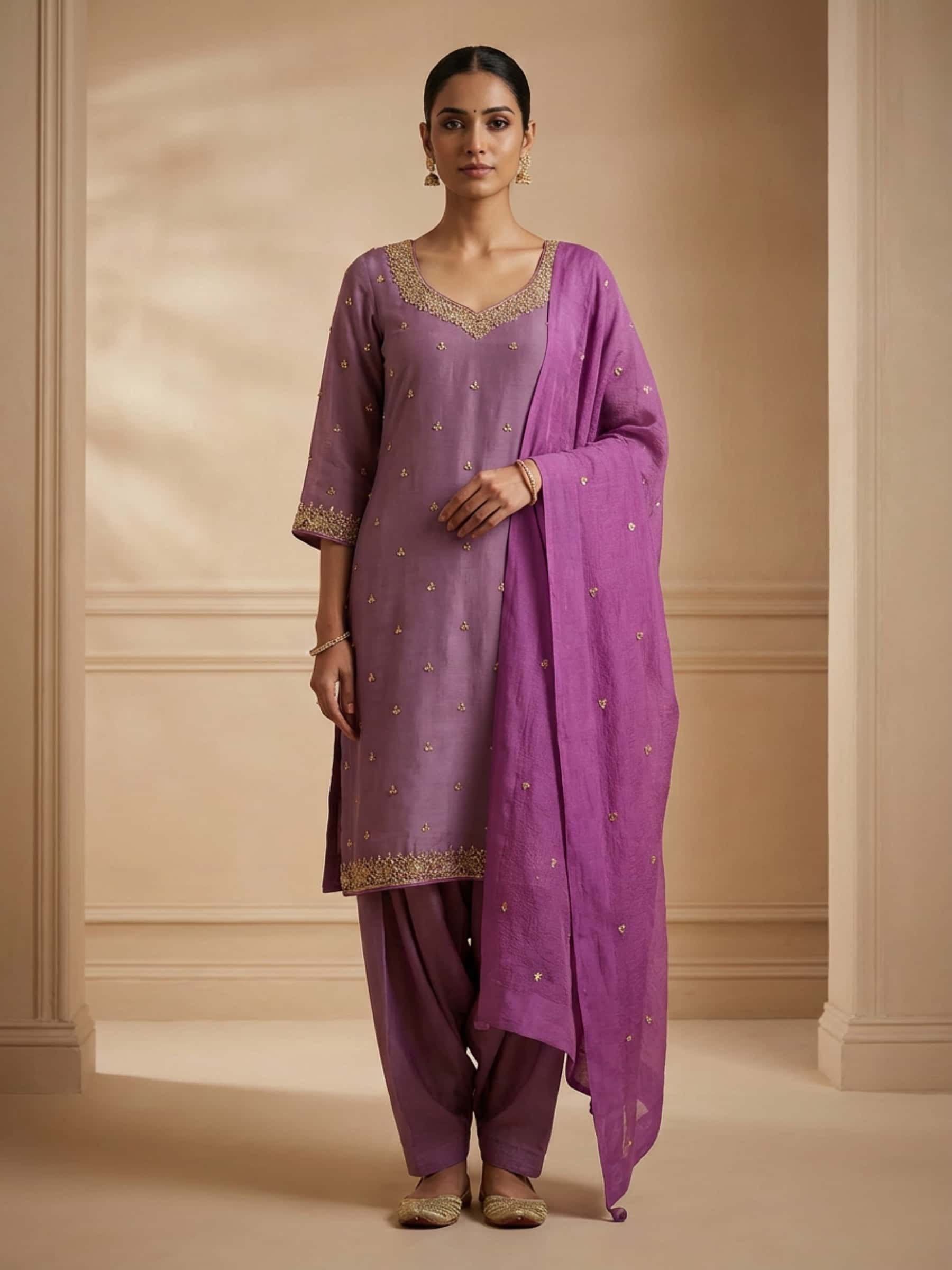 Designer Marodi Handworked Salwar Suit in Plum n Cherry - Image 1