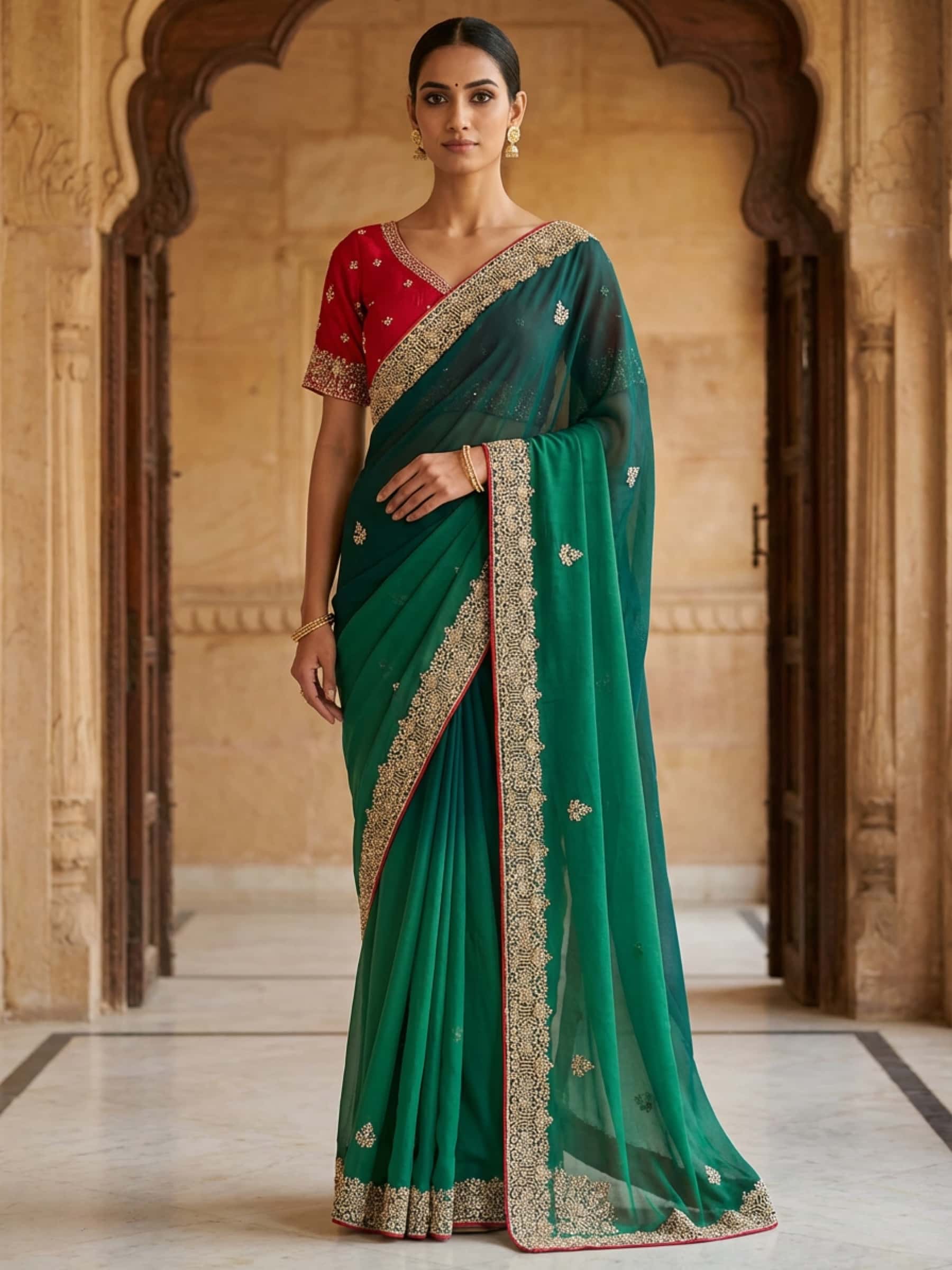 Designer Ombre Georgette Saree with Handmade Zardozi Work - Image 1