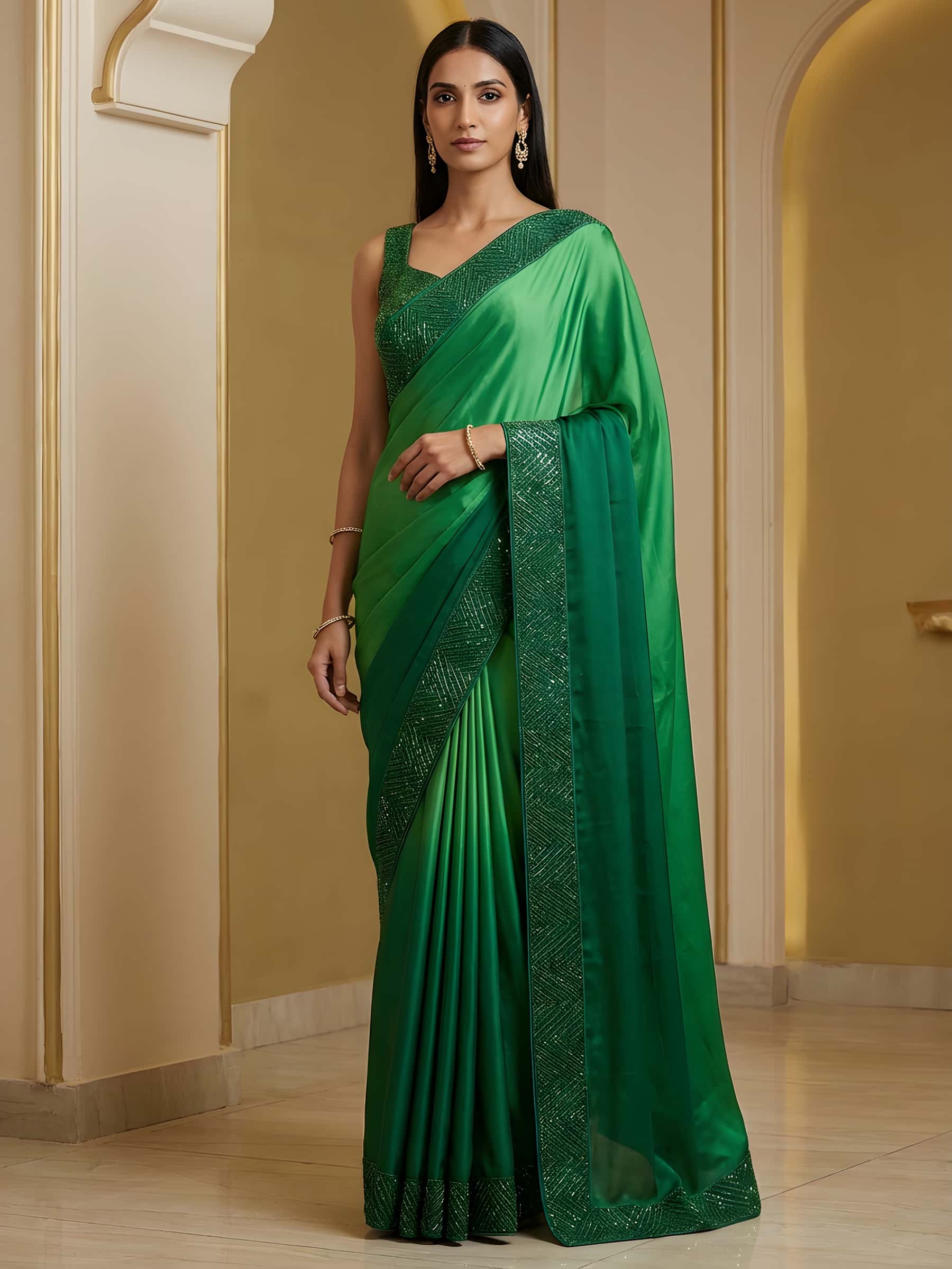 Designer Ombre Green Cutdana Sequins Saree - Image 1