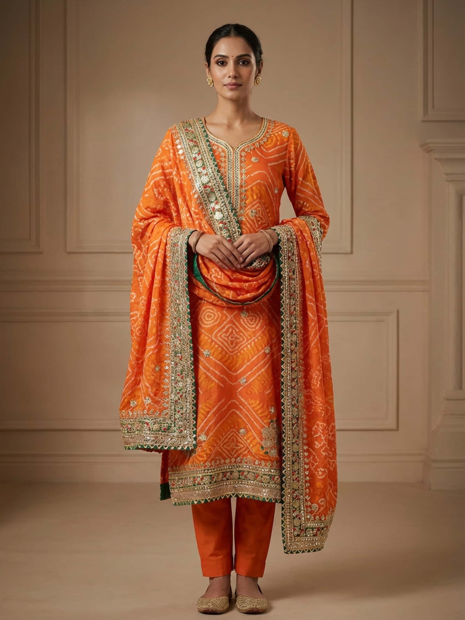 Designer Orange Bandhani Suit in Rich Handwork - Image 1