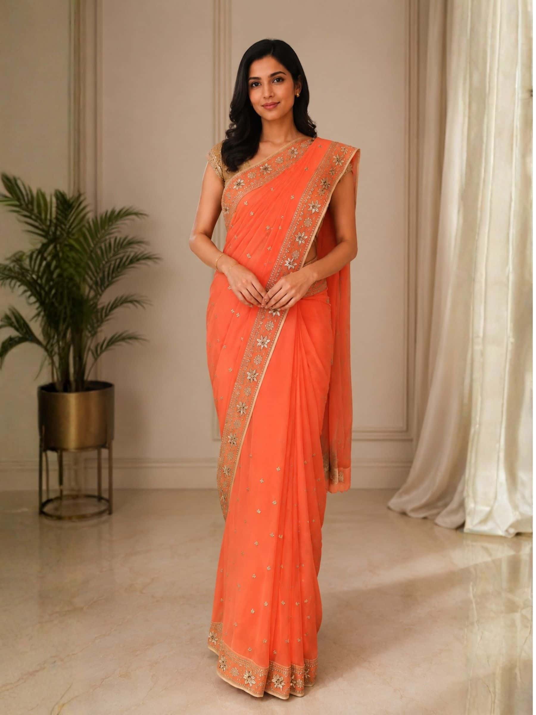 Designer Peach Saree with Exclusive Handwork in Marodi - Image 1