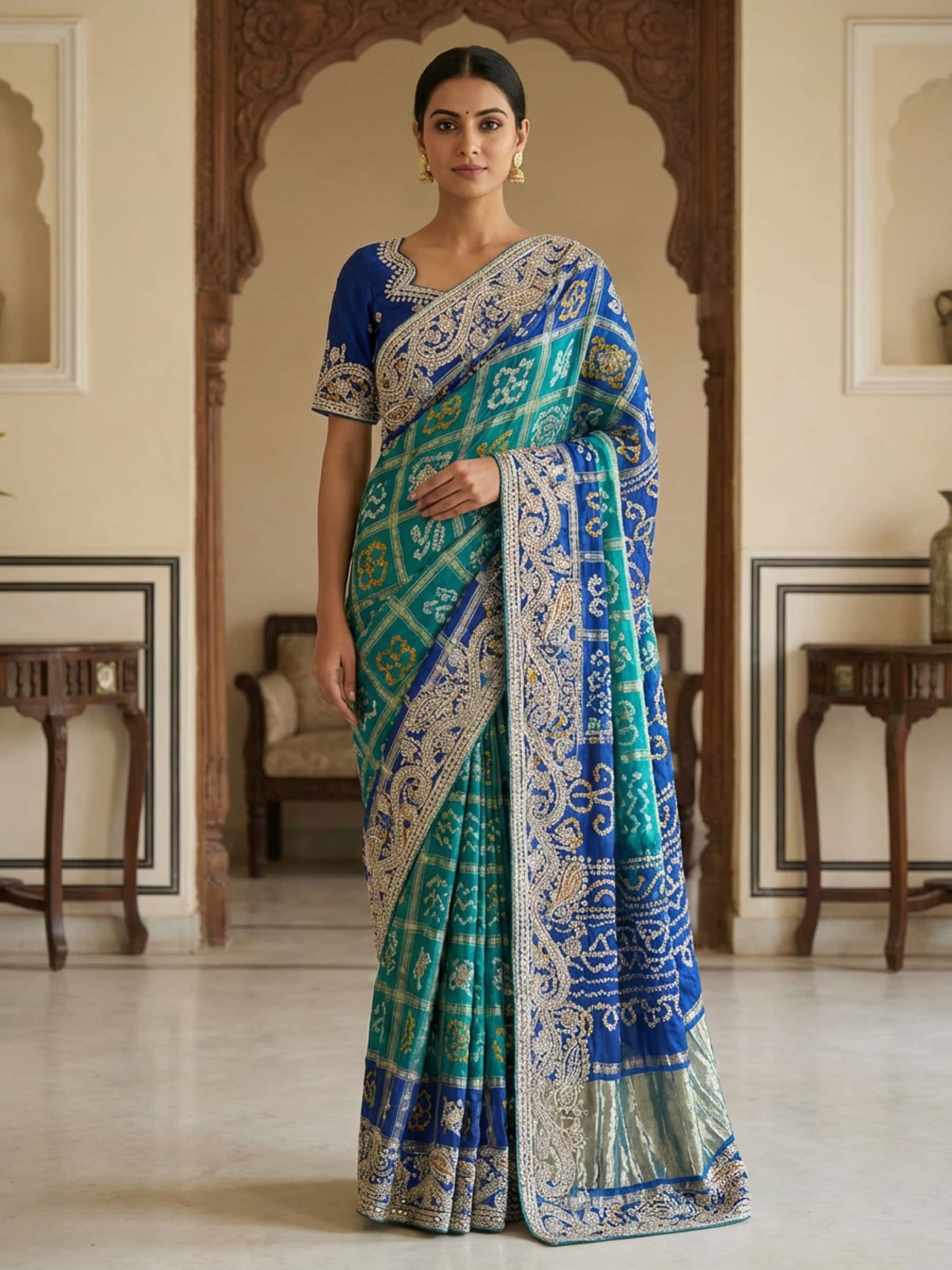 Designer Peacock Gota Patti Gharchola Saree in Blue Green - Image 1