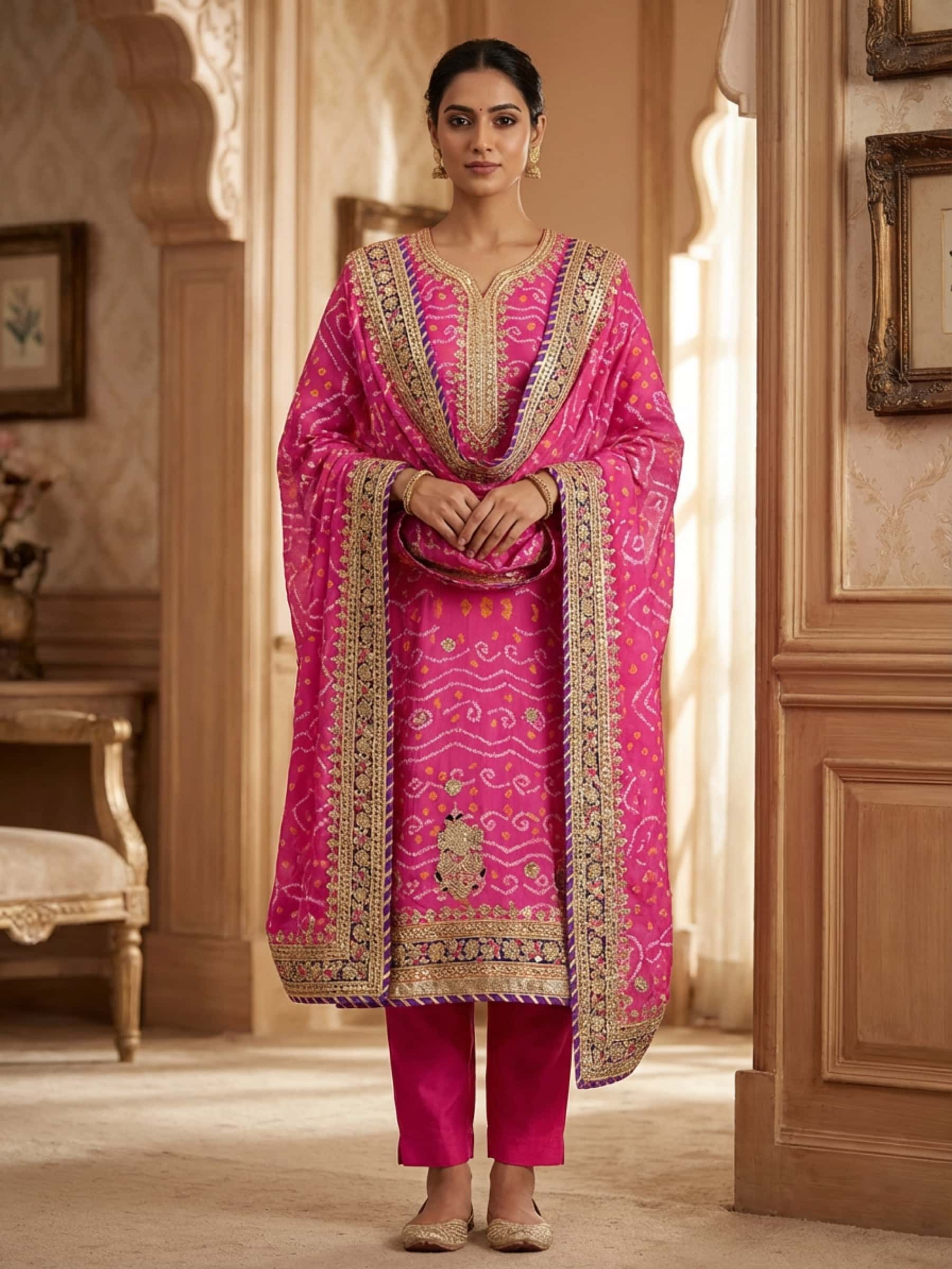 Designer Pink Bandhani Suit in Rich Handwork - Image 1