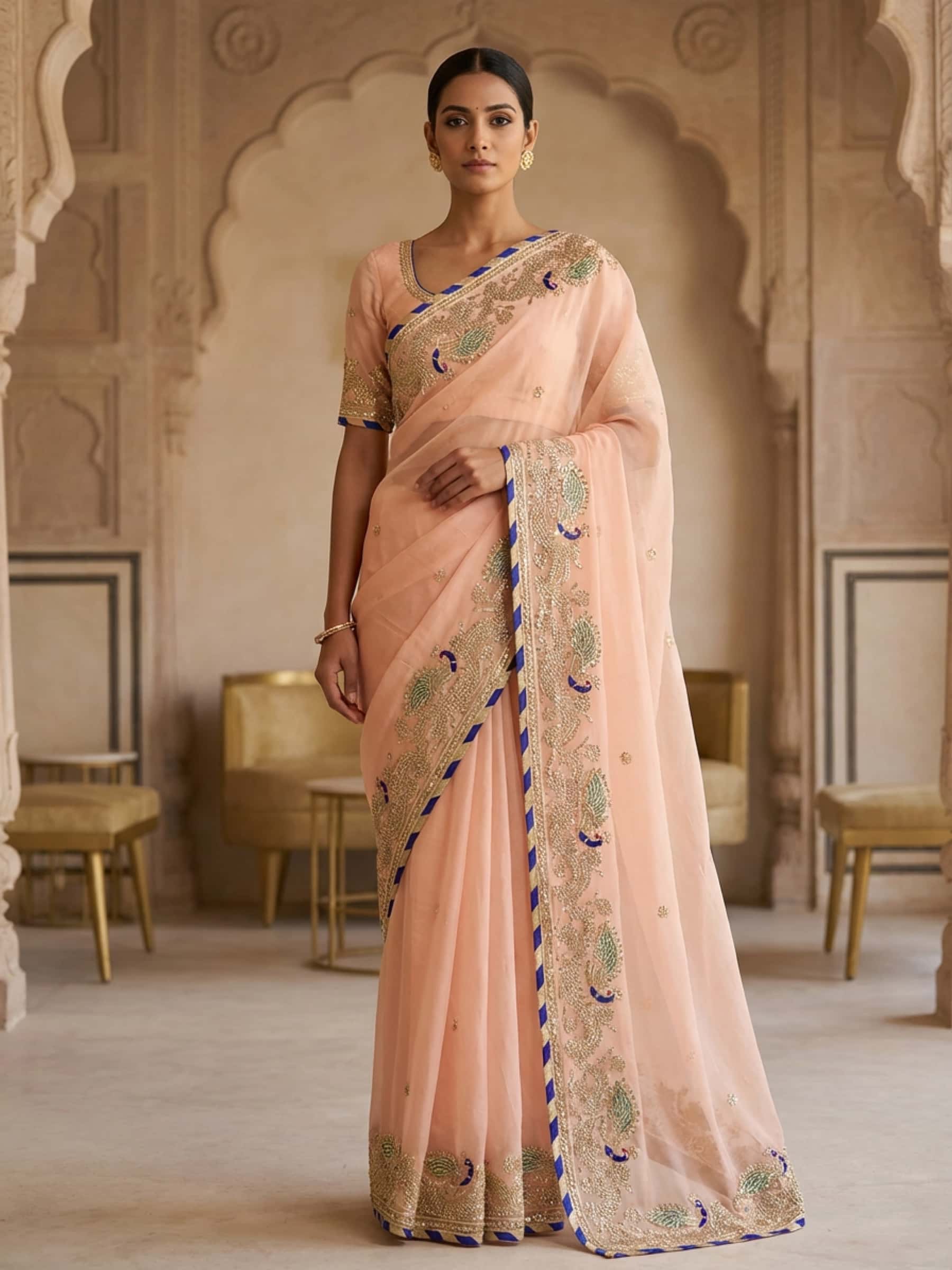 Designer Pink Georgette Saree with Peacock Embroidery