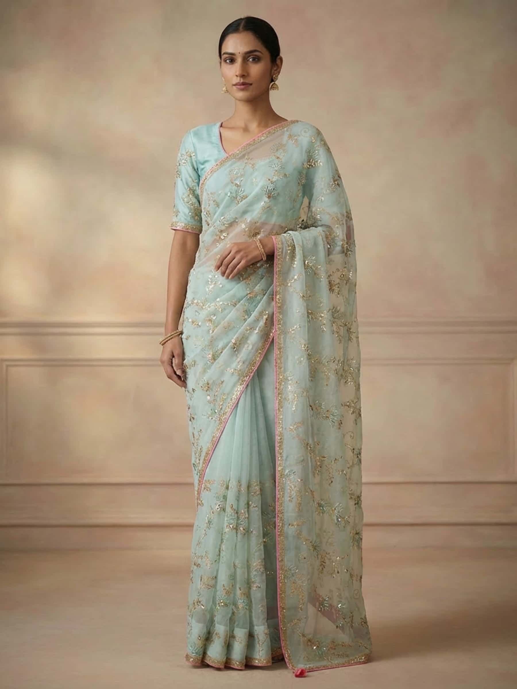 Designer Pure Organza Saree in Light Sky Blue Color - Image 1