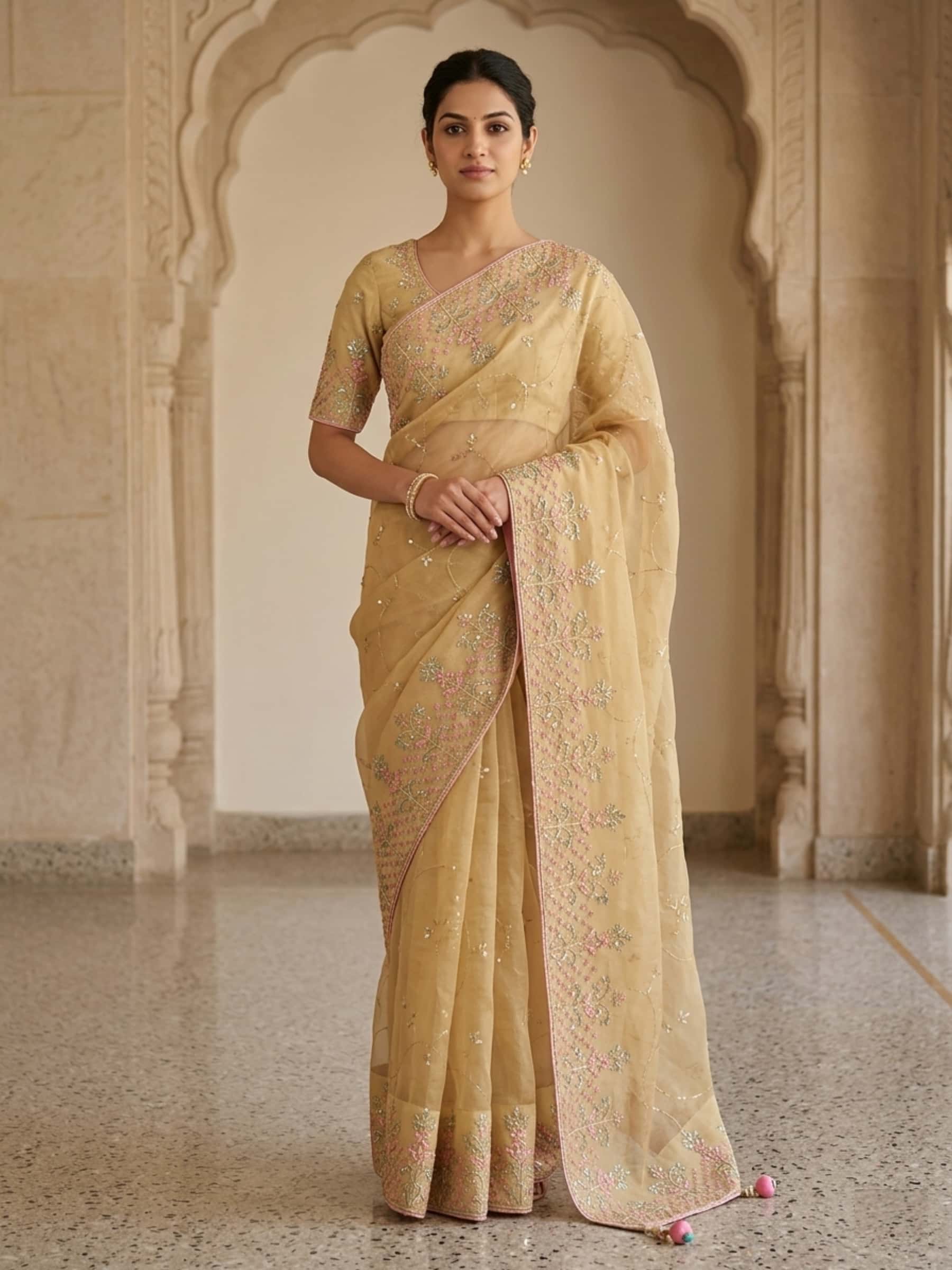 Designer Pure Organza Saree with Gota Resham Cutdana Hand Work - Image 1