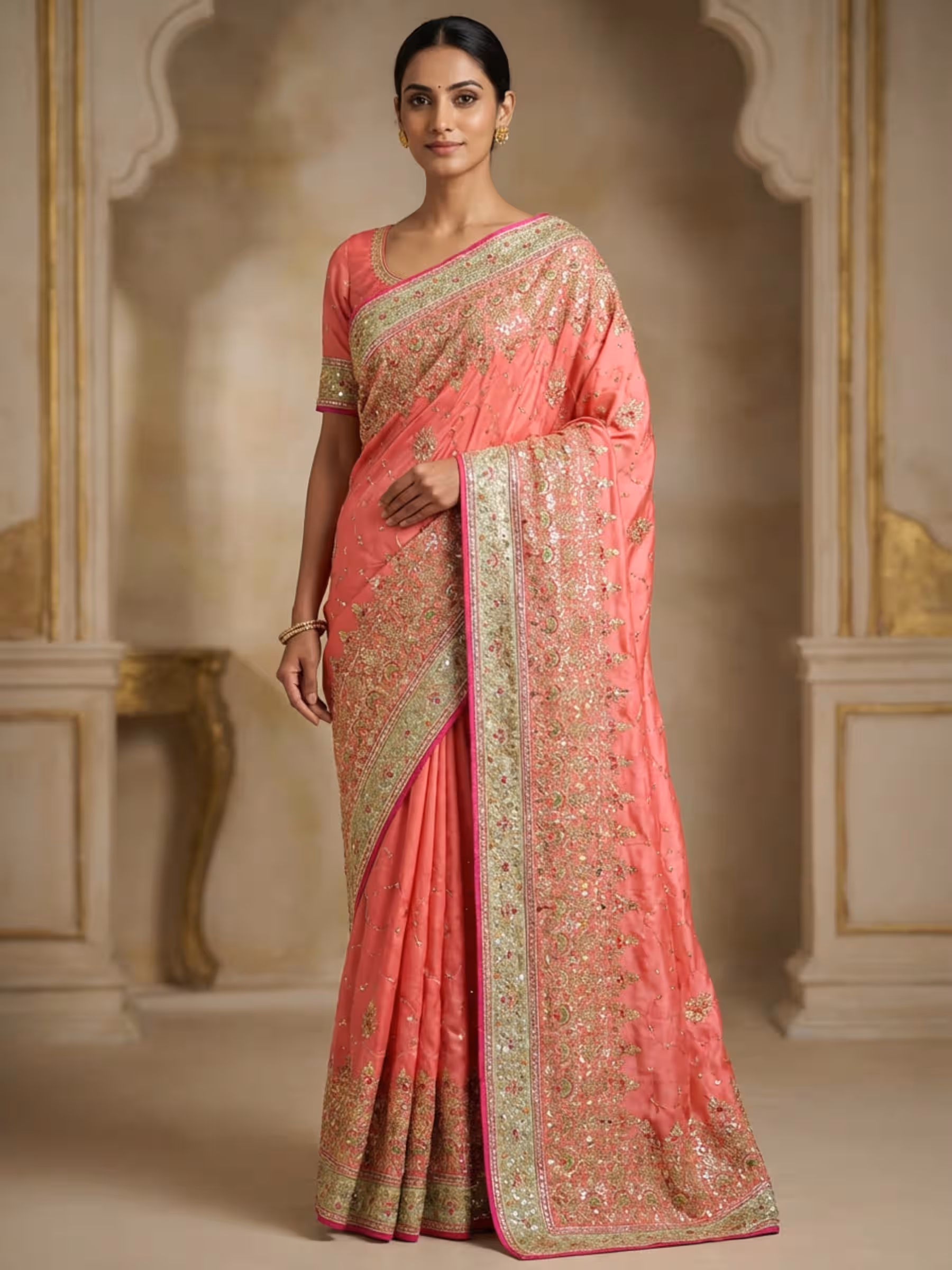 Designer Pure Satin Georgette Saree in Gajri Color - Image 1