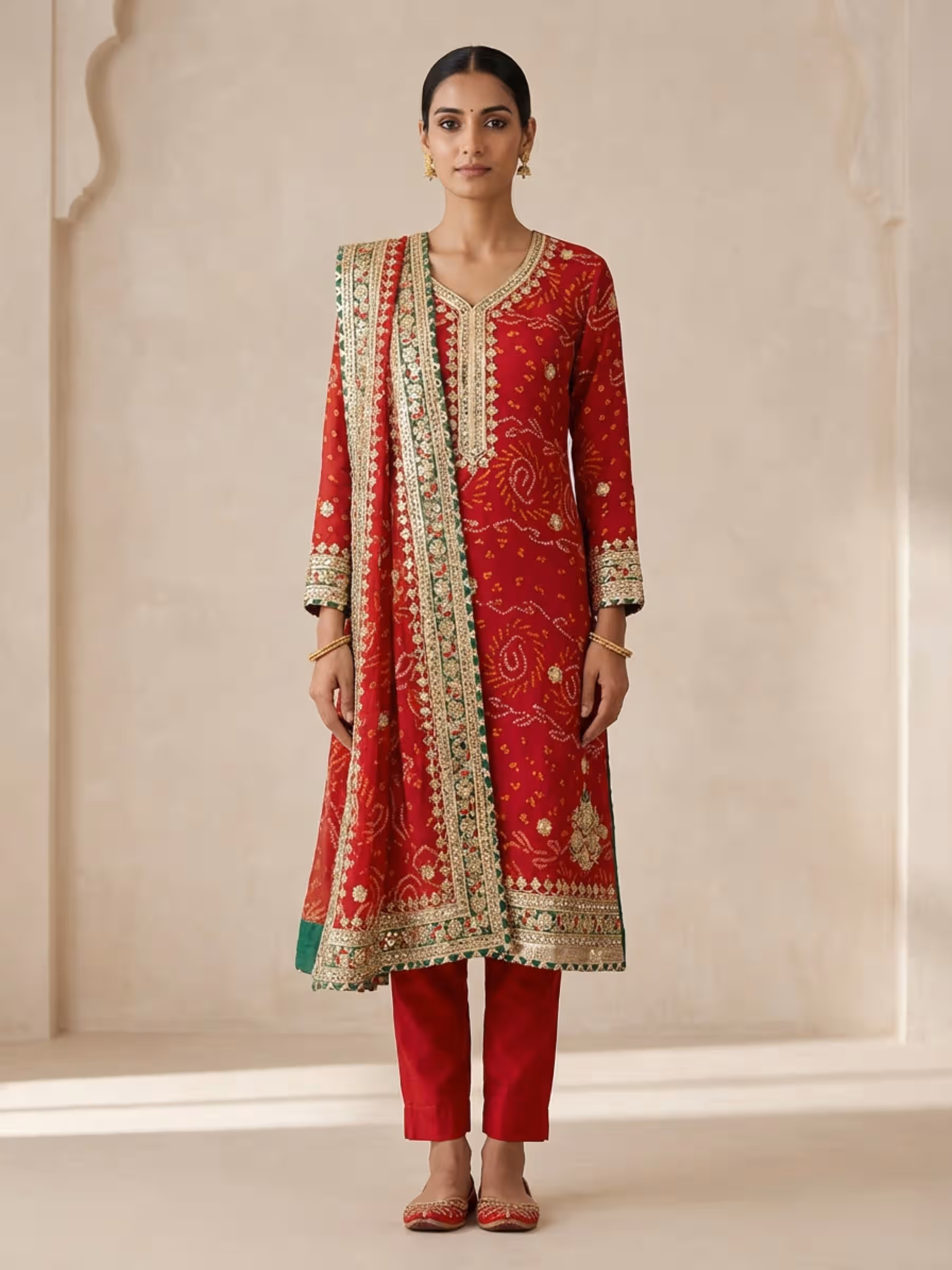 Designer Red Bandhani Suit in Rich Handwork - Image 1