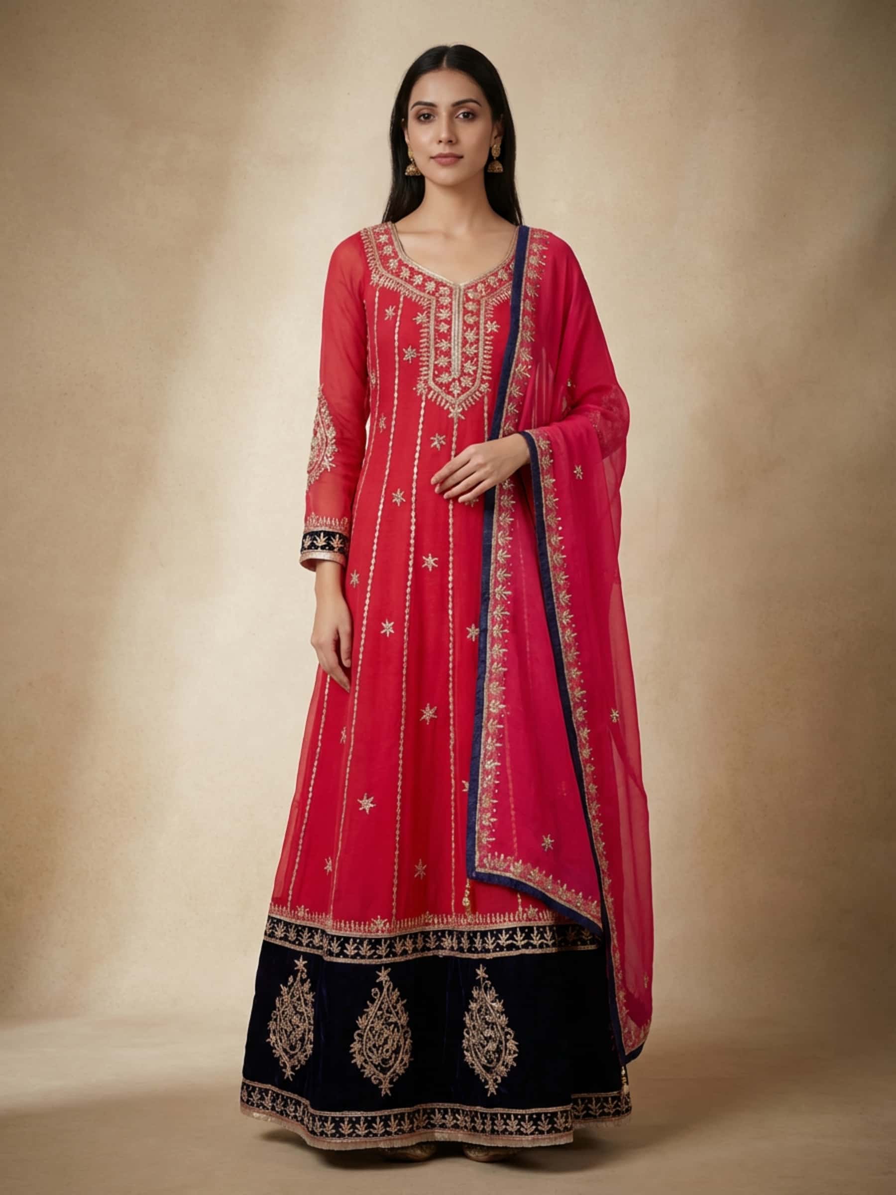 Designer Red Panelled Kalidar with Pink Dupatta - Image 1
