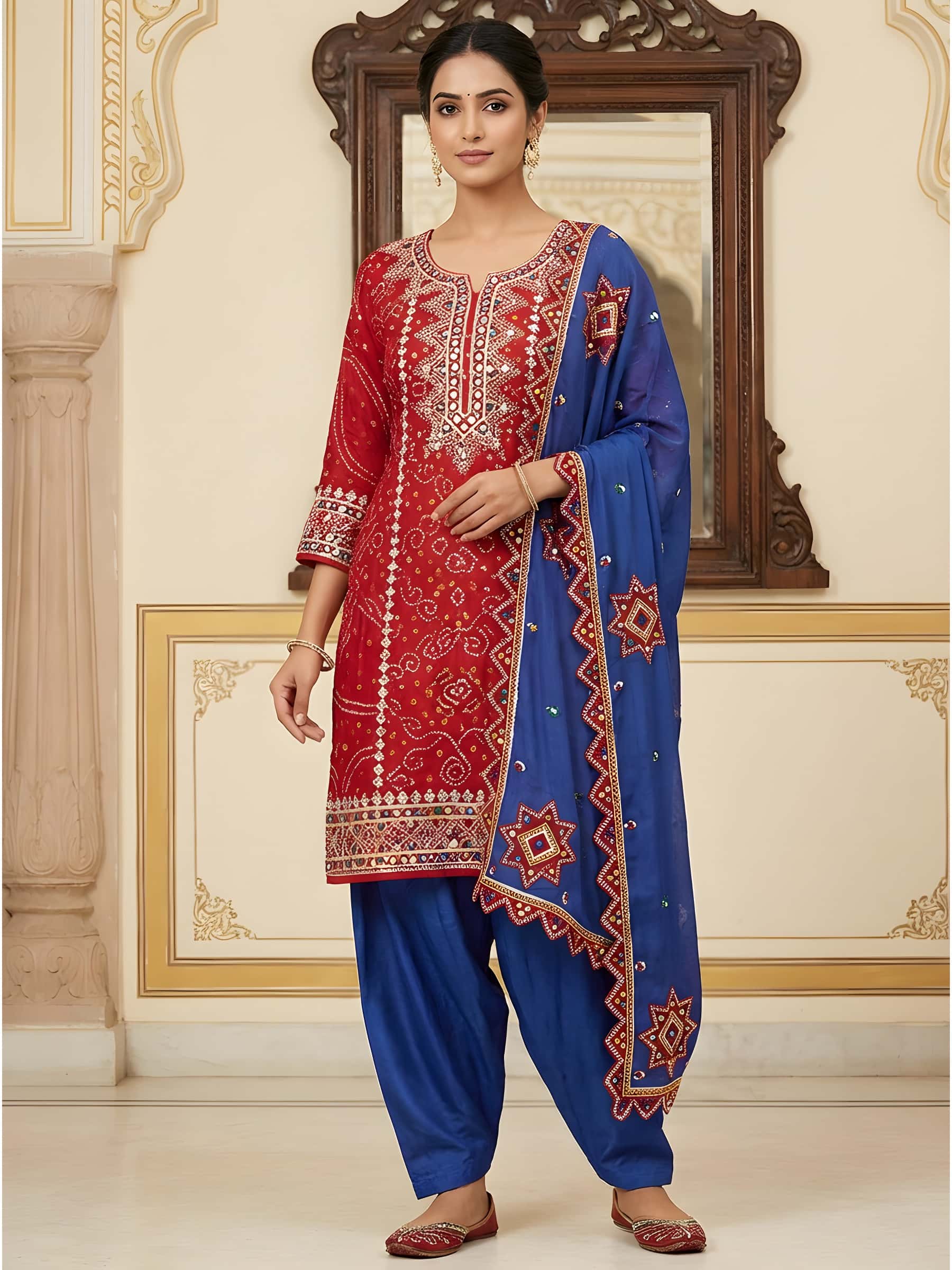 Designer Red and Blue Suit in Exclusive Handwork - Image 1