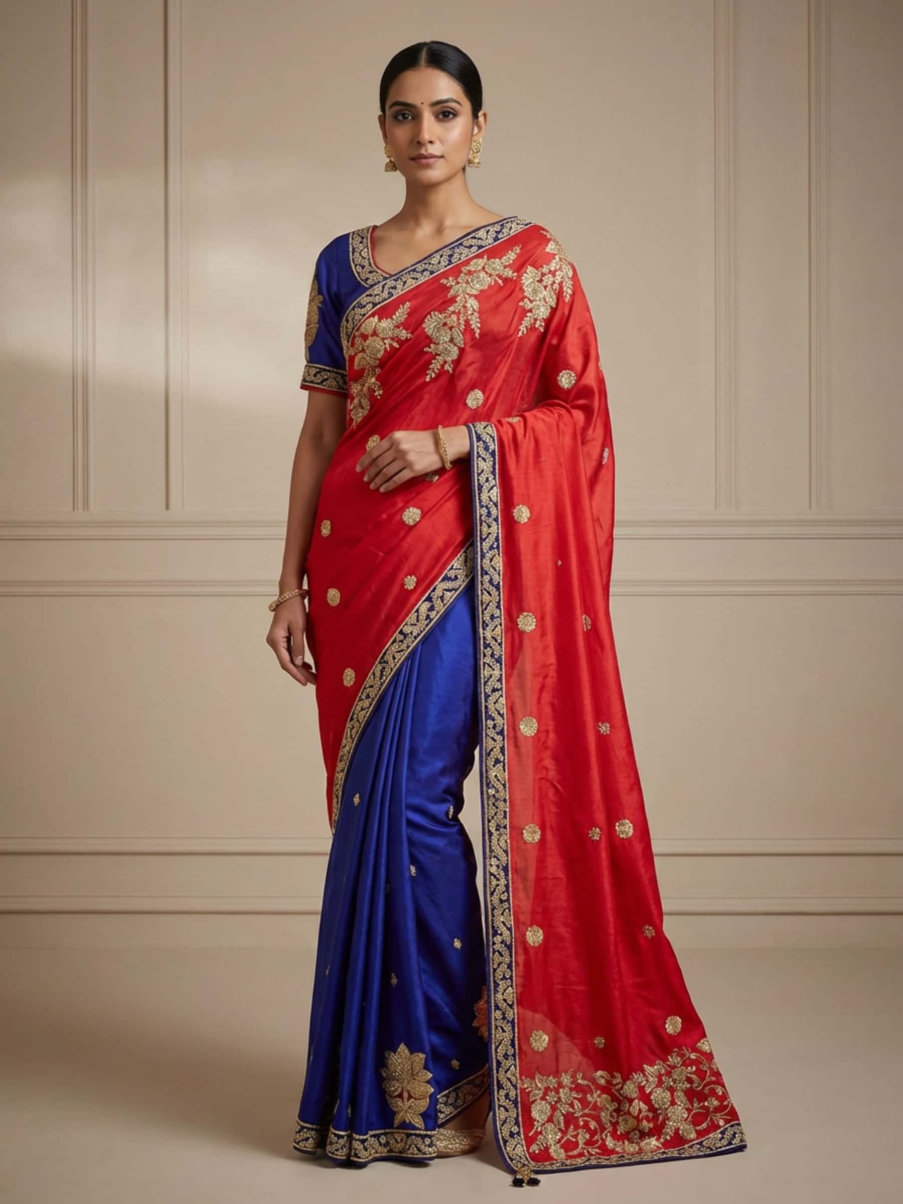 Designer Skirt Pallu Style Blue and Red Saree - Image 1