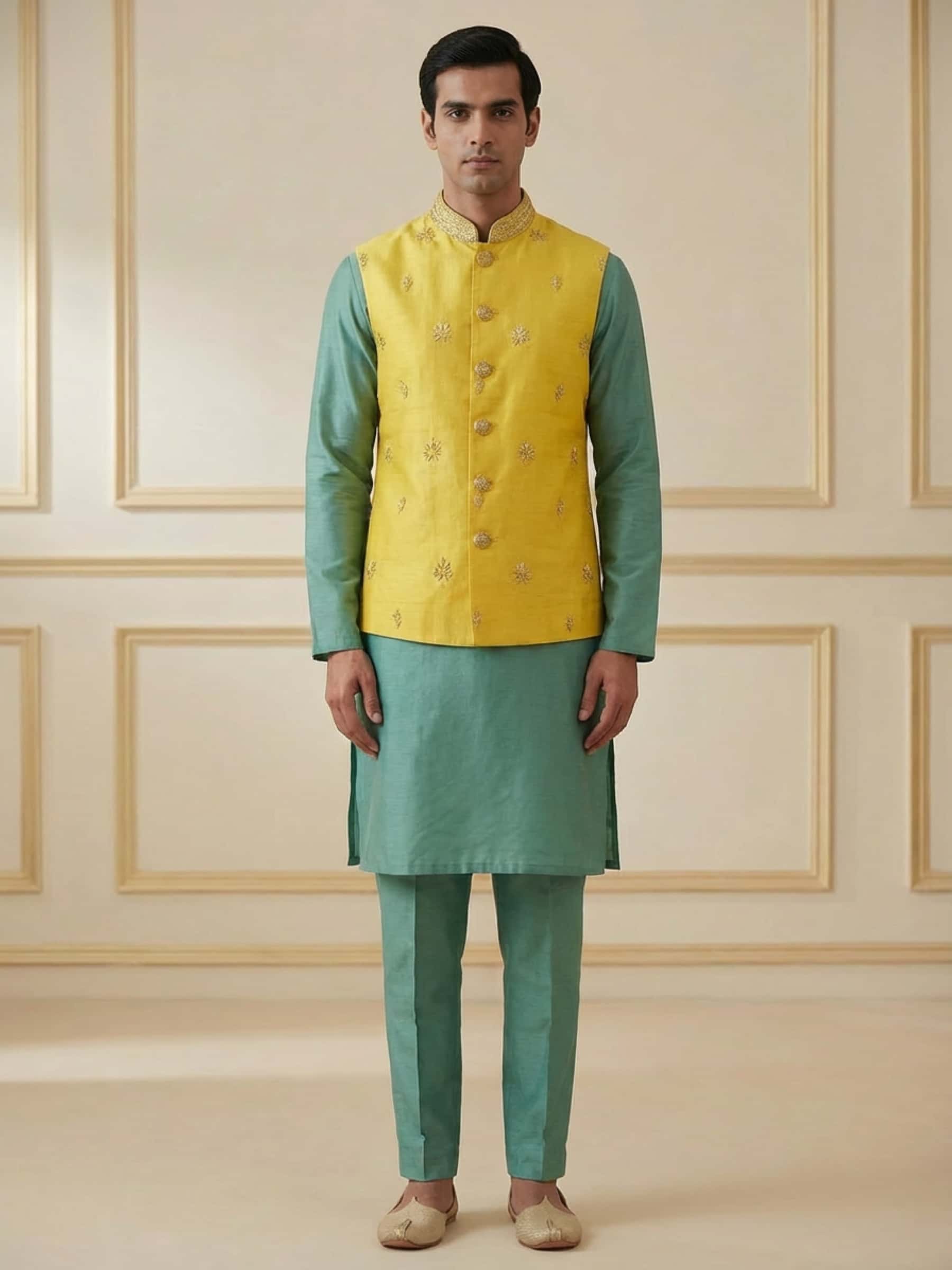 Designer Yellow Jacket and Green Kurta Set - Image 1