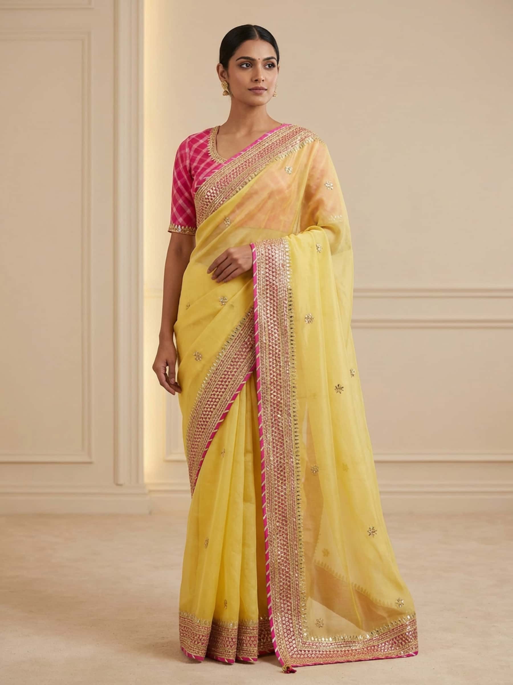 Designer Yellow Saree with contrast Leheriya Blouse - Image 1