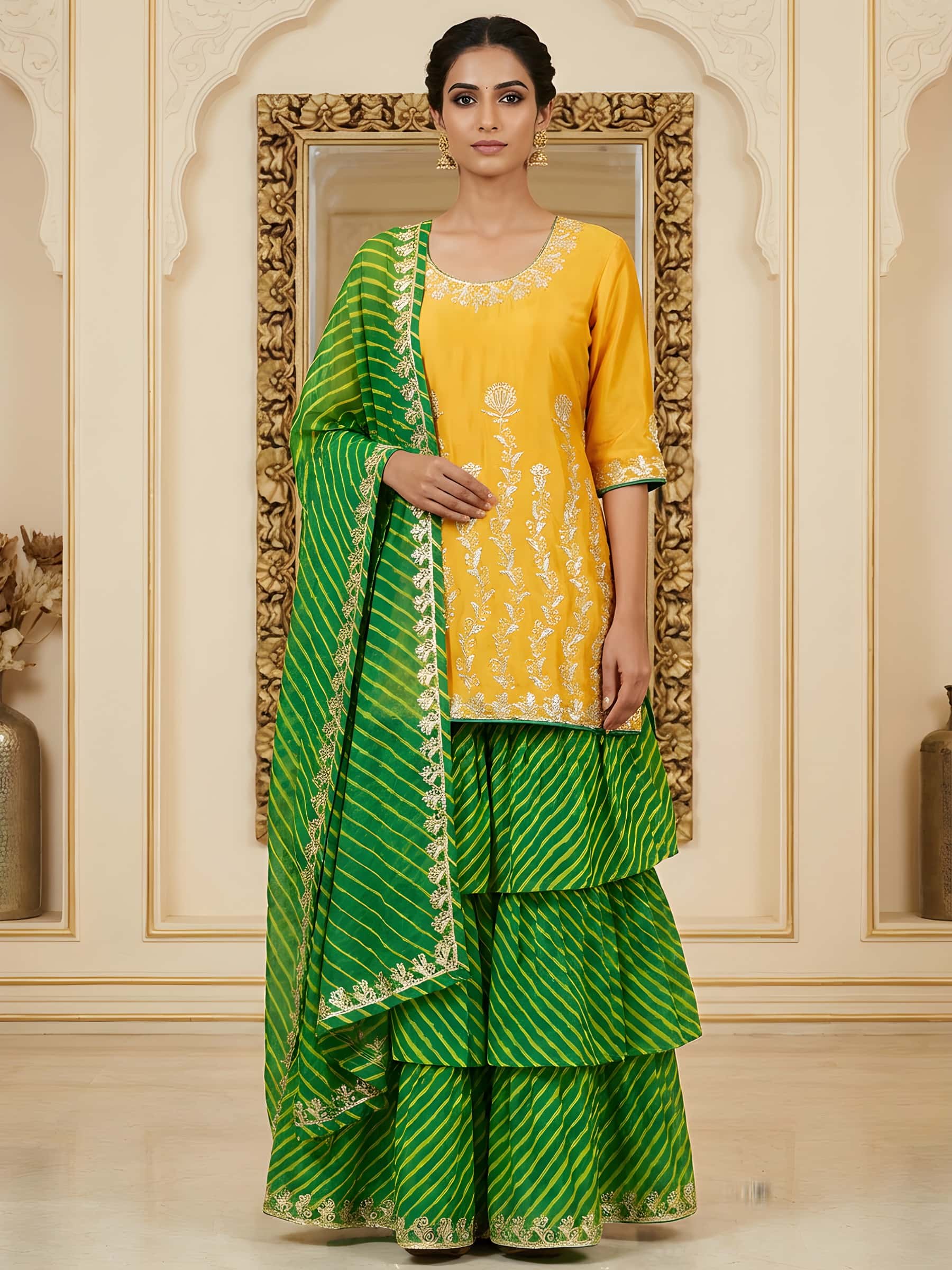 Designer Yellow and Green Aari Handworked Garara Set - Image 1