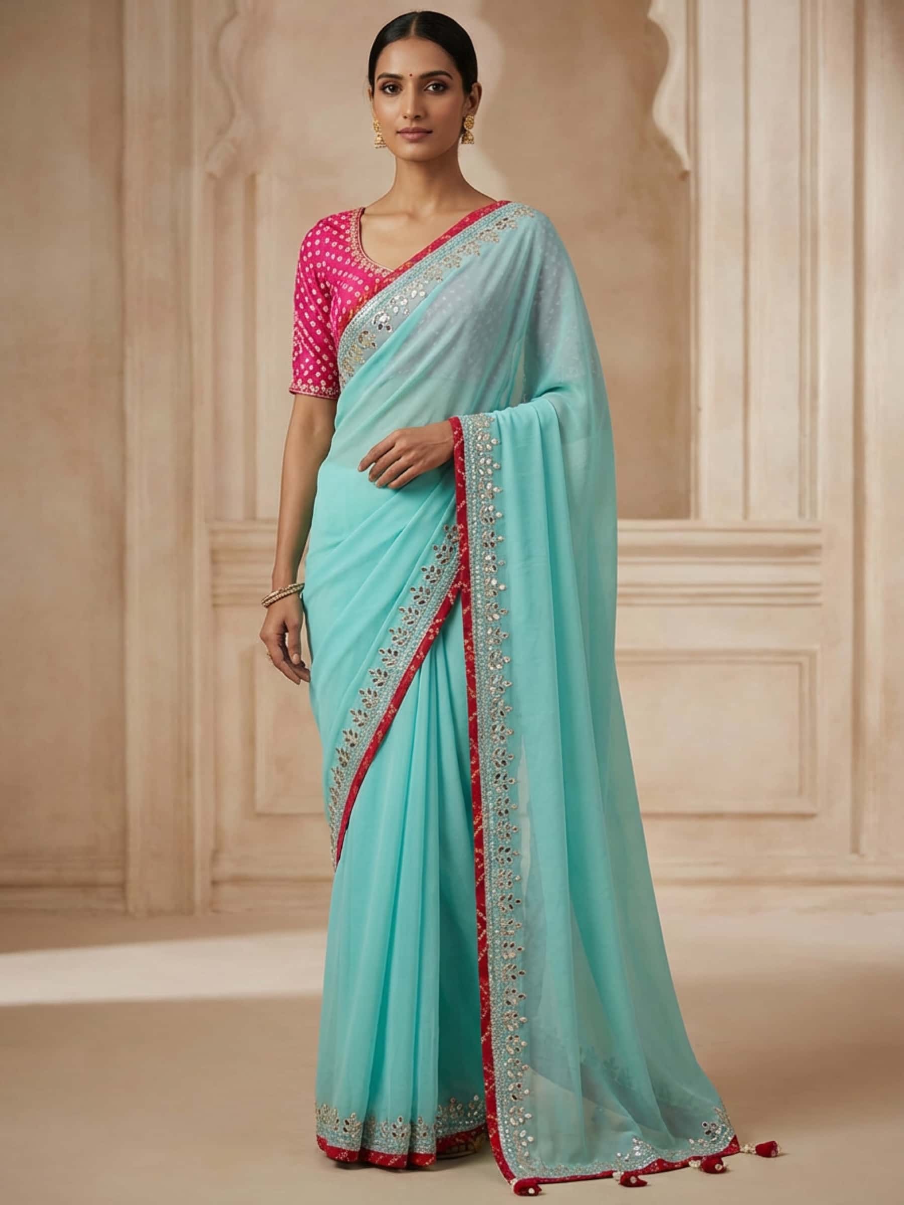Designer Georgette Saree in Sky Blue and Hot Pink with Gota Patti and Tikki - Image 1