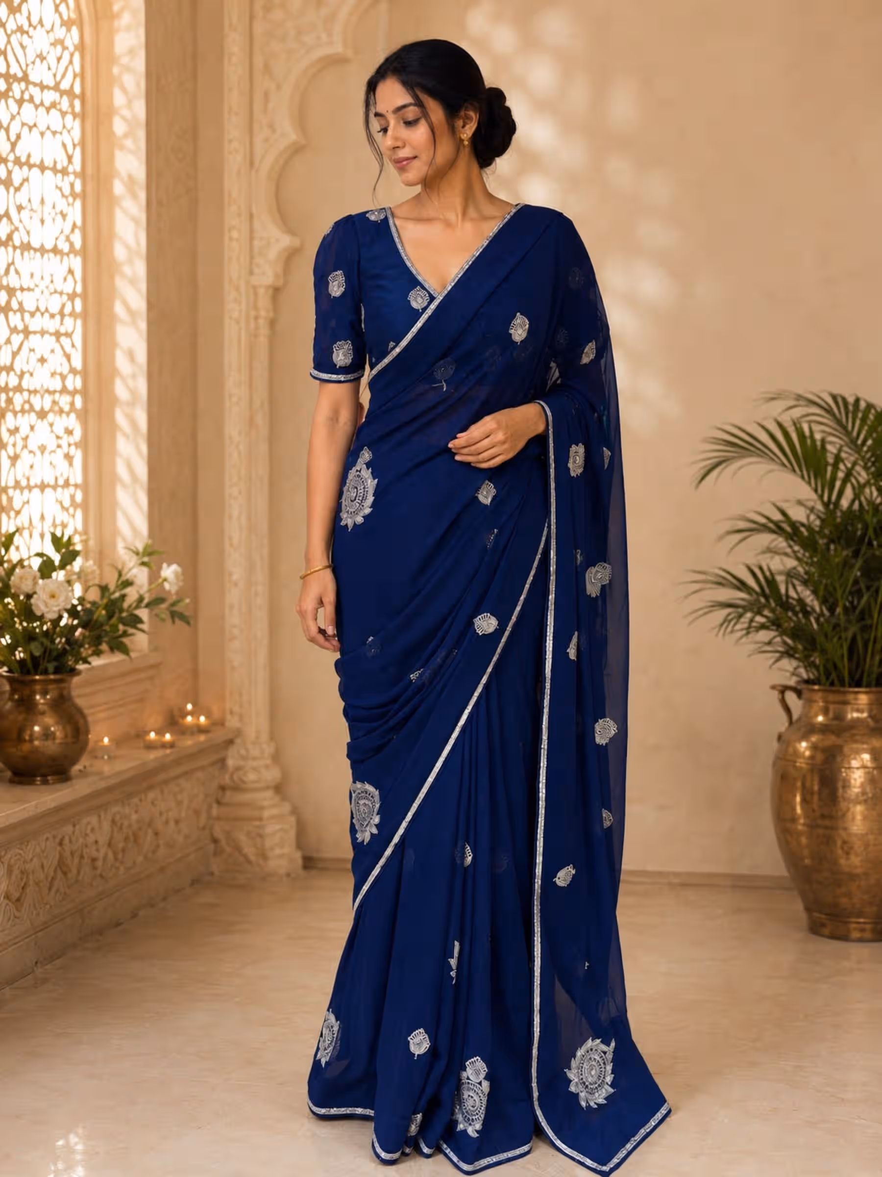 Electric Blue Pure Georgette Saree in Aari Handwork - Image 1