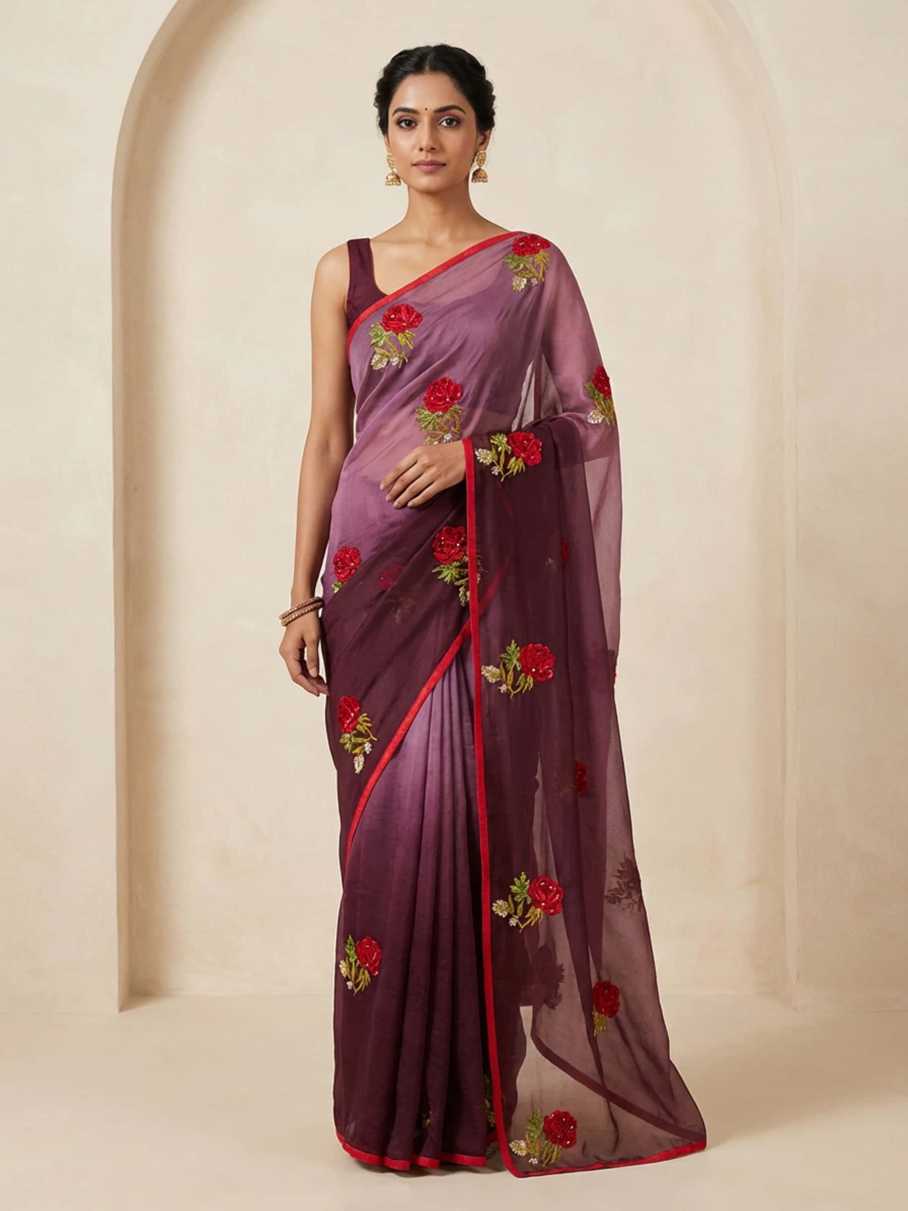 Elegant Ombre Platinum Chiffon Saree in Resham Handwork